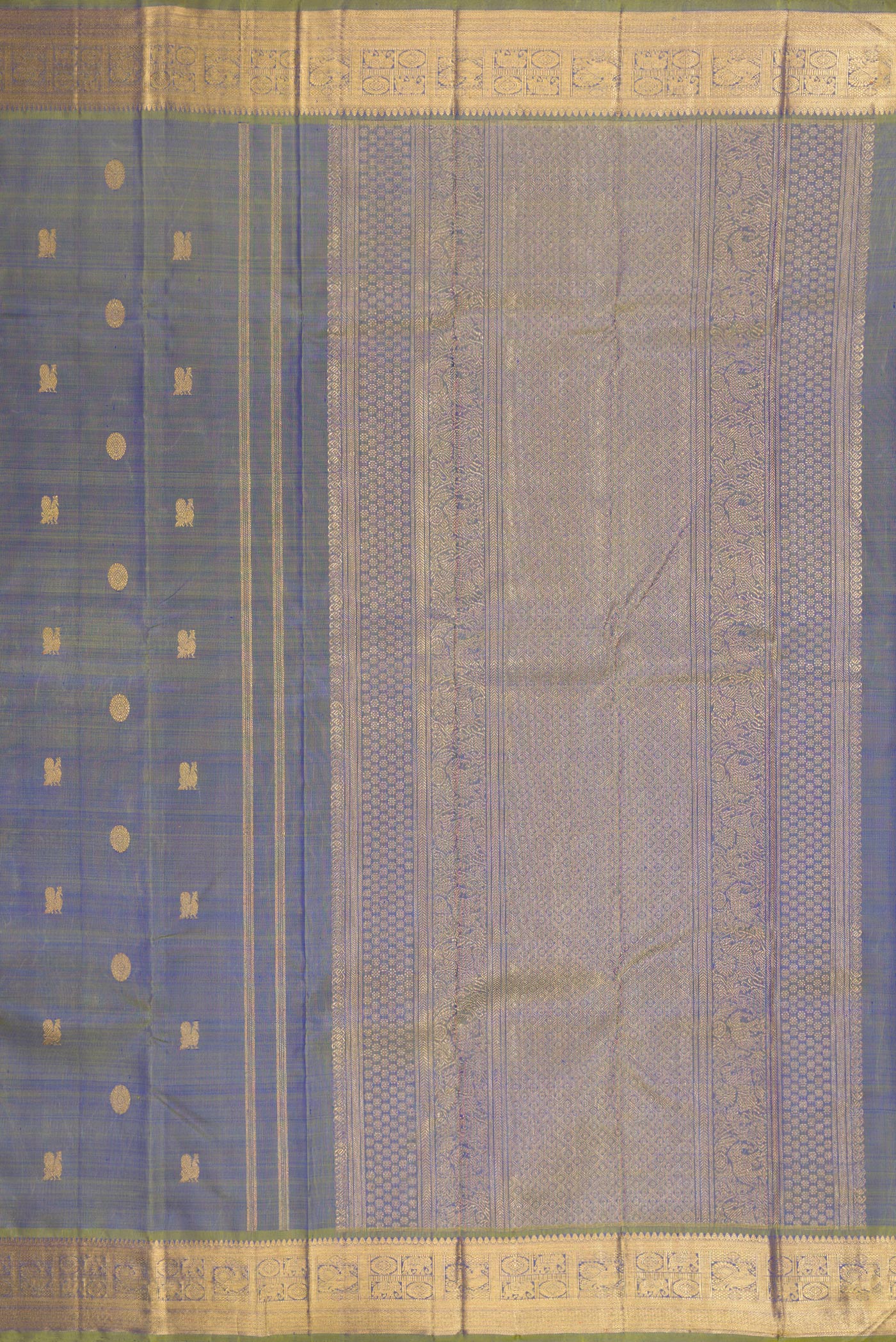 Close up image of the pallu of Pure Silk Pure Zari Blue Dual Tone Kanchipuram Saree with Zari Butta on the body and Zari Border. 