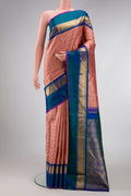 Pure Silk Pure Zari Rose Gold Dual Tone Kanjivaram Saree with Checked design on the body and Zari Border.  displayed on a mannequin