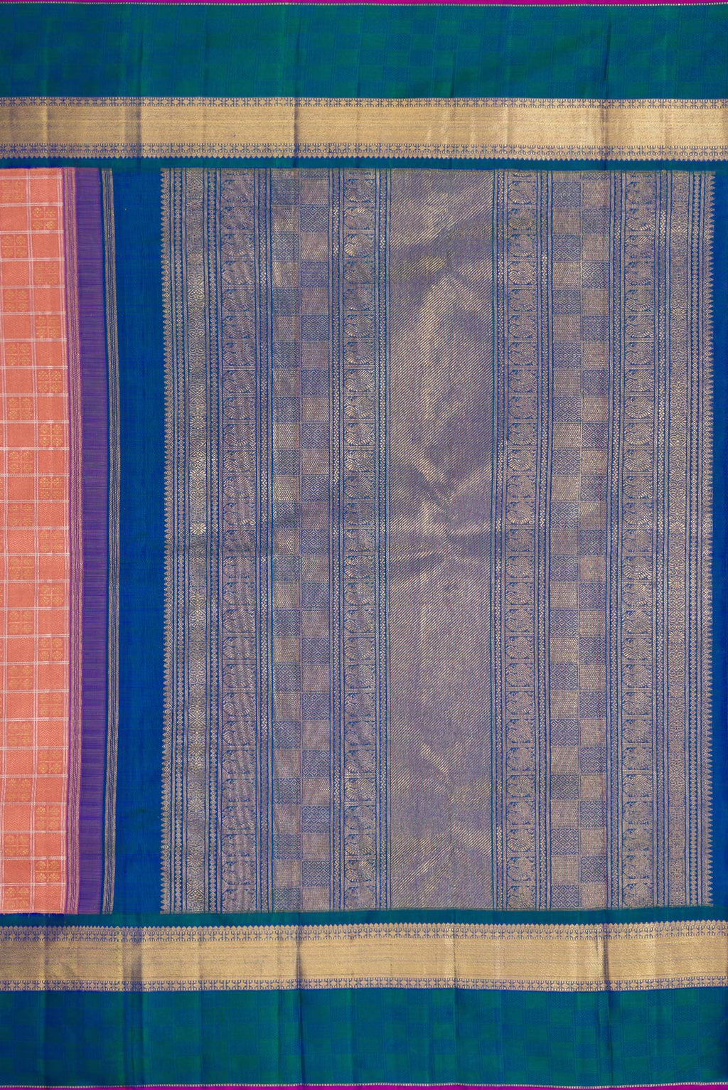 Close up image of the pallu of Pure Silk Pure Zari Rose Gold Dual Tone Kanjivaram Saree with Checked design on the body and Zari Border. 