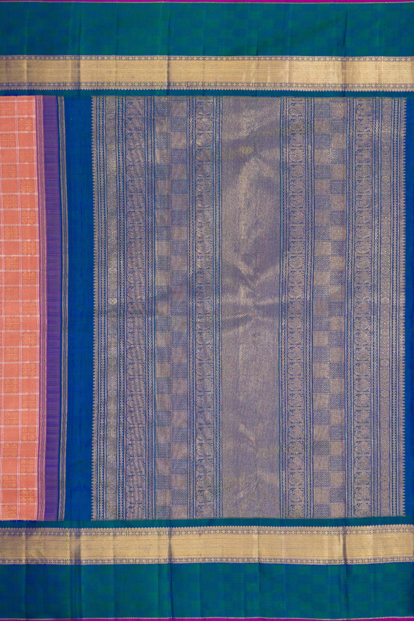 Close up image of the pallu of Pure Silk Pure Zari Rose Gold Dual Tone Kanjivaram Saree with Checked design on the body and Zari Border. 