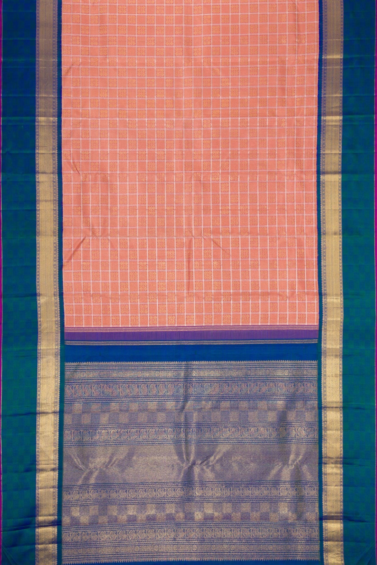 Flat view of Pure Silk Pure Zari Rose Gold Dual Tone Kanjivaram Saree with Checked design on the body and Zari Border. 
