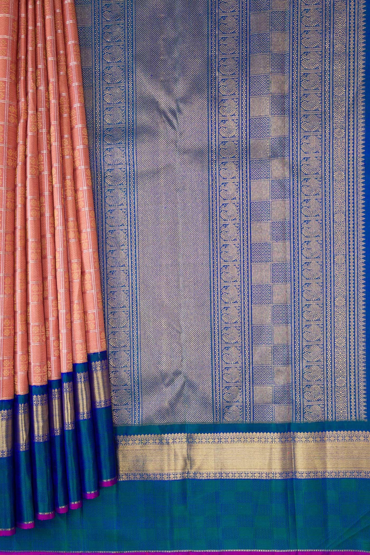 Pleats and pallu of Pure Silk Pure Zari Rose Gold Dual Tone Kanjivaram Saree with Checked design on the body and Zari Border. 