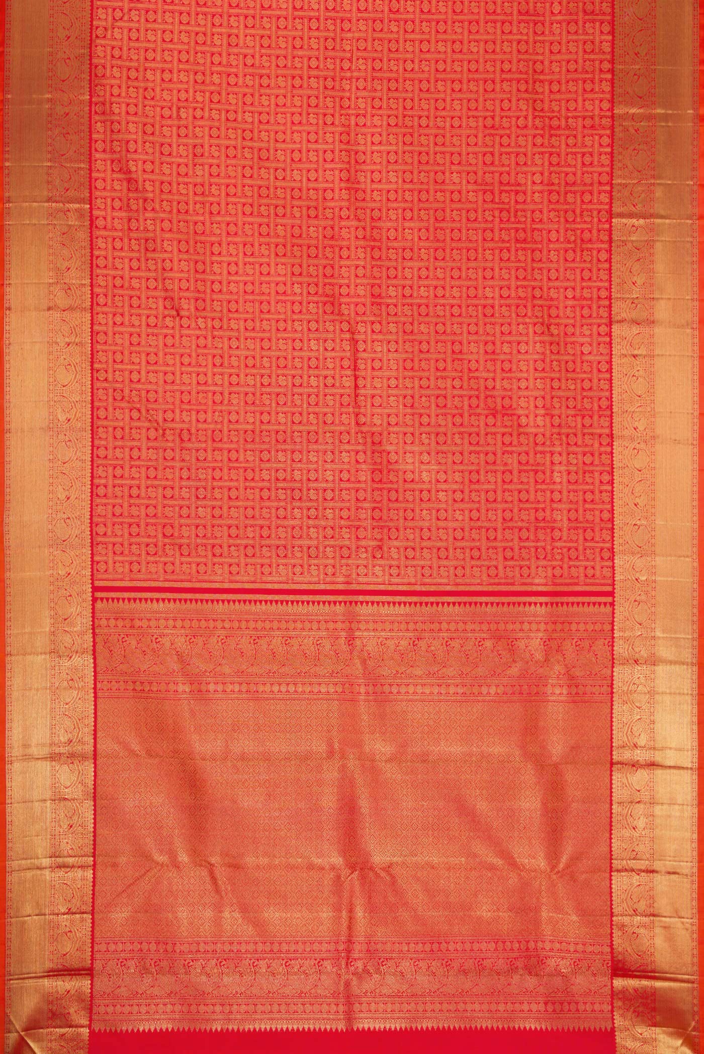 Flat view of Pure Silk Pure Zari Red Dual Tone Kanjivaram Saree with Zari Brocade on the body and Zari Border. 