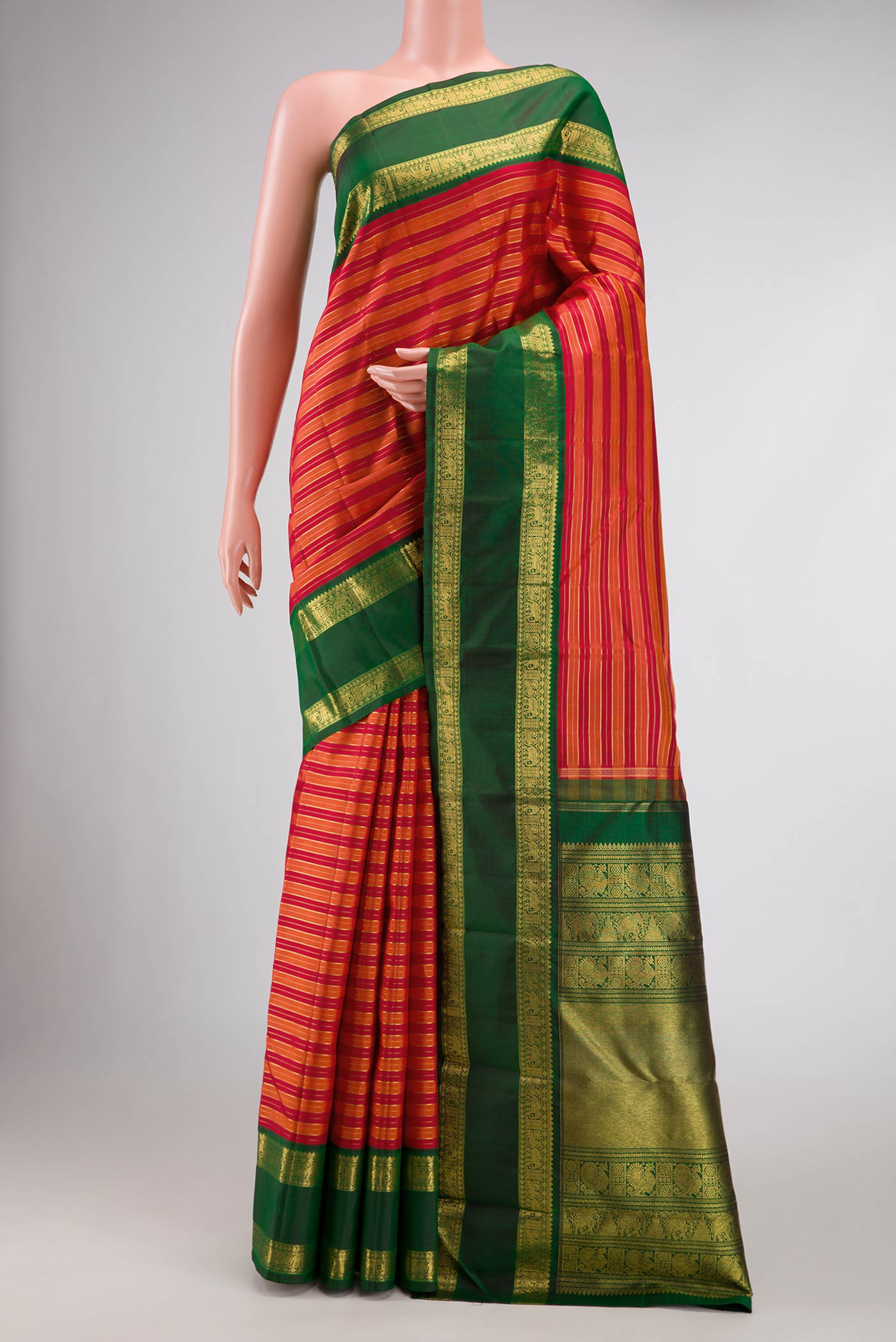 Pure Silk Pure Zari Orange Dual Tone Kanchipuram Saree with Stripes on the body and Zari Border displayed on a mannequin
