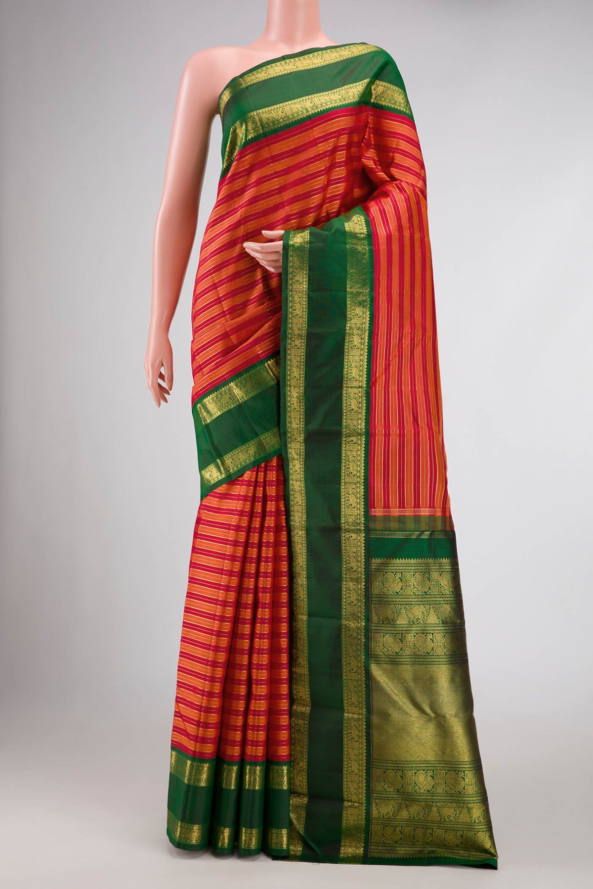 Pure Silk Pure Zari Orange Dual Tone Kanchipuram Saree with Stripes on the body and Zari Border displayed on a mannequin