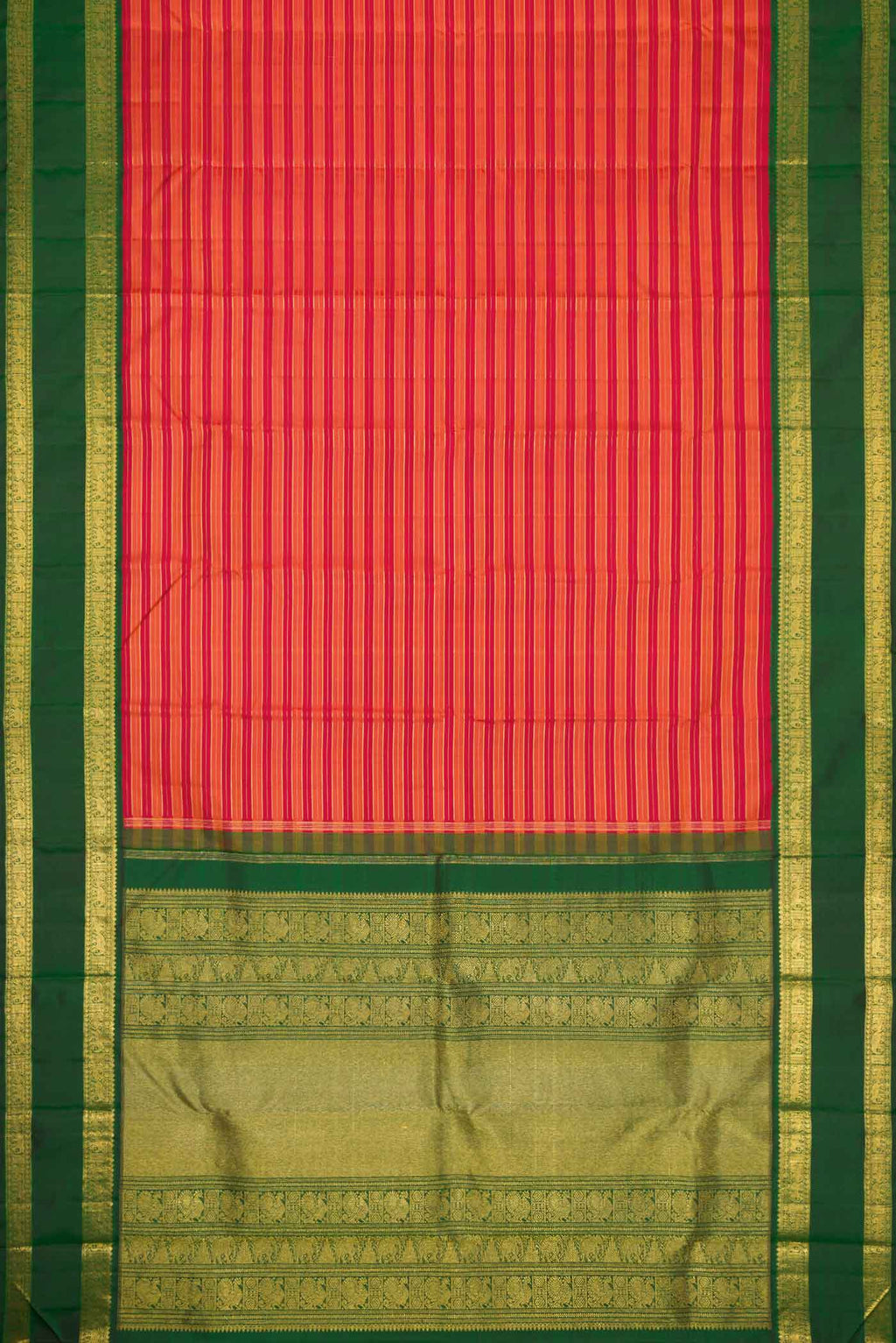 Flat view of Pure Silk Pure Zari Orange Dual Tone Kanchipuram Saree with Stripes on the body and Zari Border