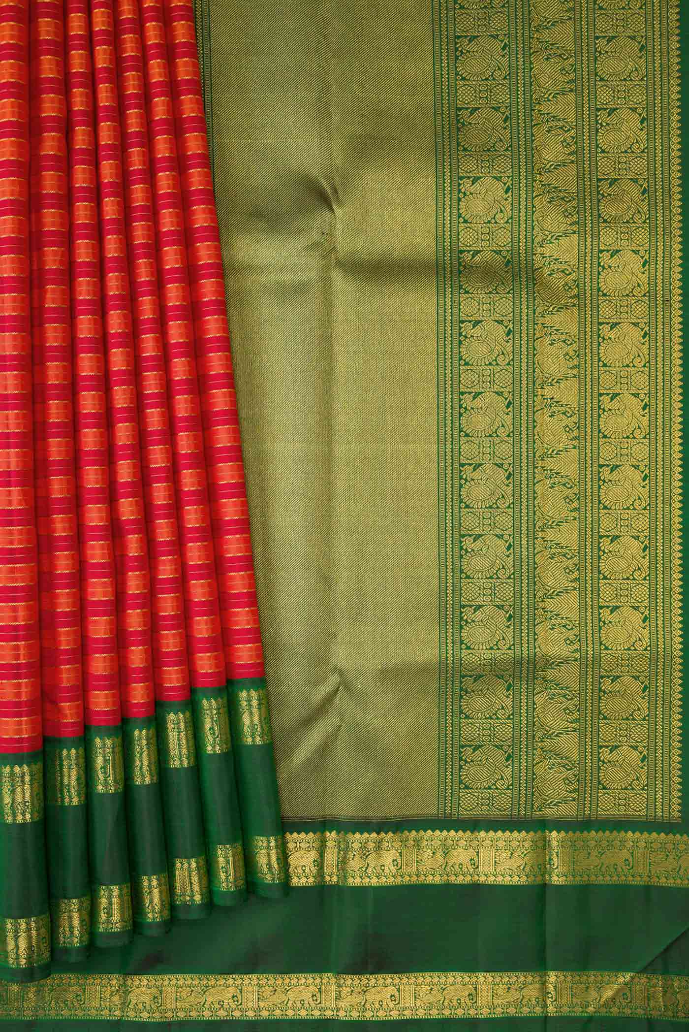 Pleats and pallu of Pure Silk Pure Zari Orange Dual Tone Kanchipuram Saree with Stripes on the body and Zari Border