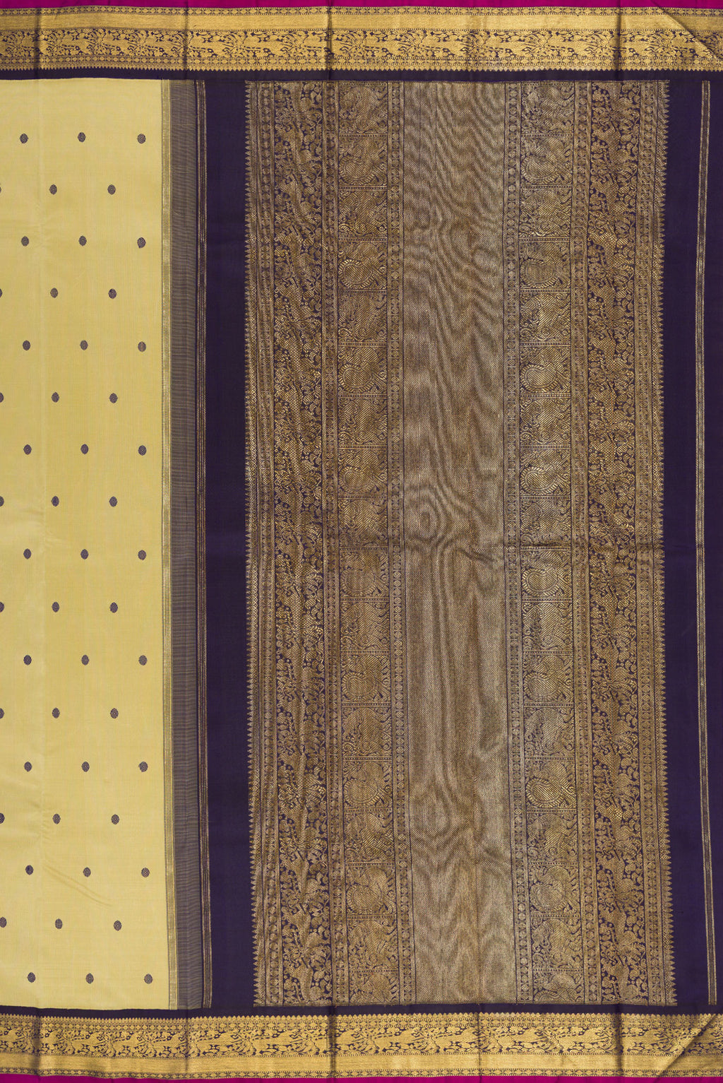 Close up image of the pallu of Pure Silk Pure Zari Sandal Kanjivaram Saree with Thread Butta on the body and Zari Border. 
