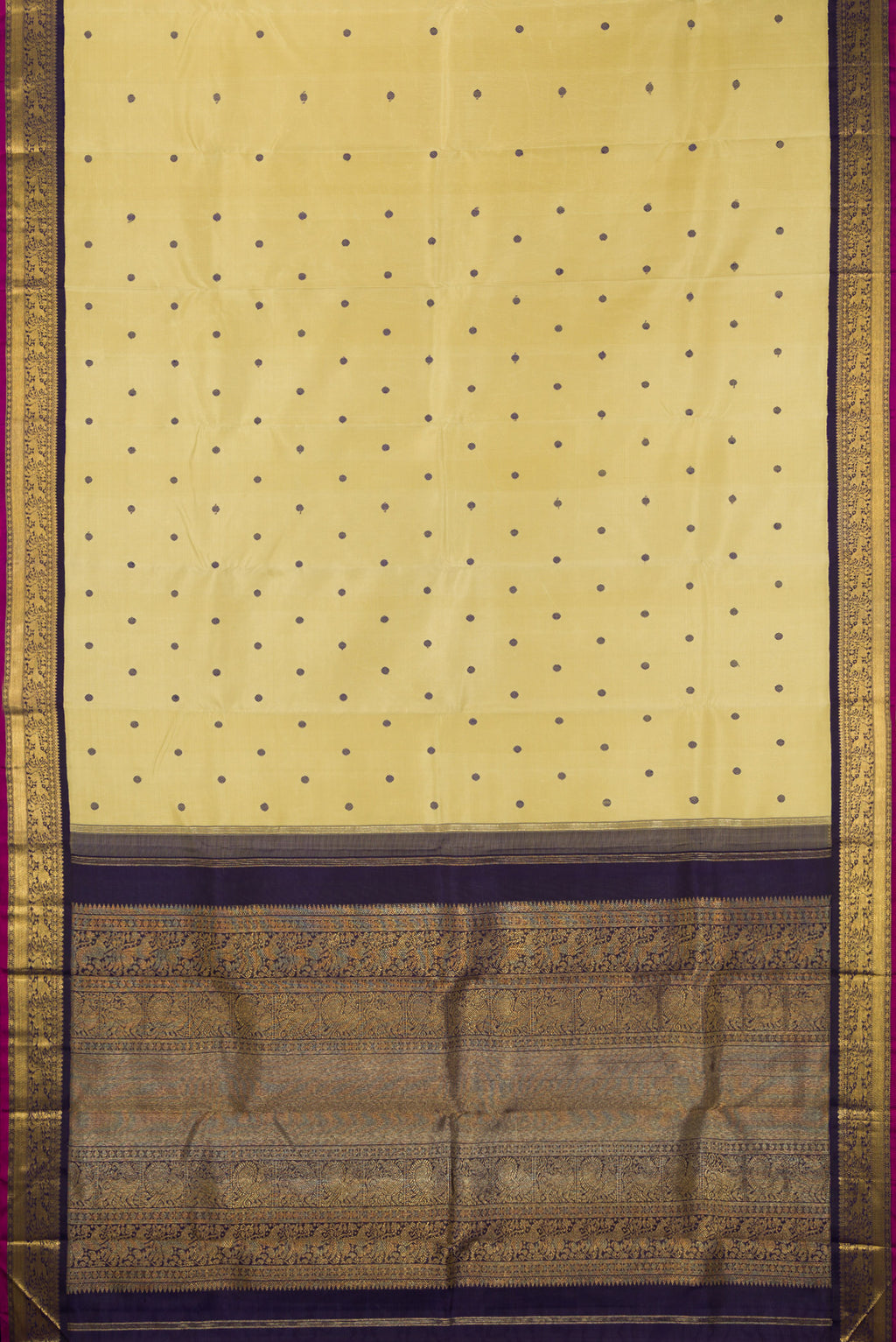 Flat view of Pure Silk Pure Zari Sandal Kanjivaram Saree with Thread Butta on the body and Zari Border. 