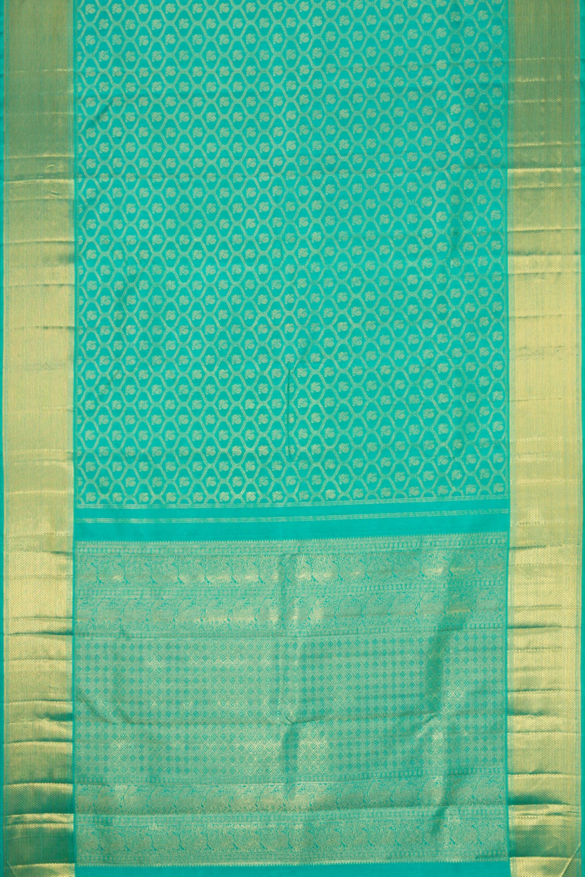 Flat view of Pure Silk Pure Zari Sea Green Dual Tone Kanjivaram Saree with Zari Brocade on the body and Zari Border. 