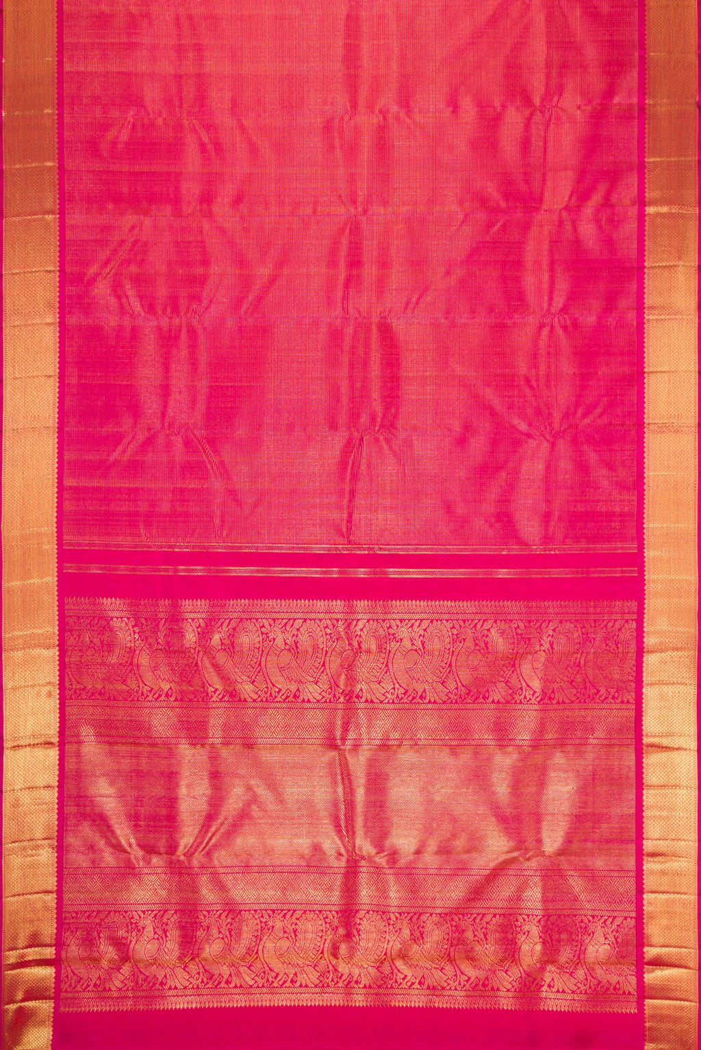 Flat view of Pure Silk Pure Zari Pink Dual Tone Kanjivaram Saree with Zari Brocade on the body and Zari Border. 