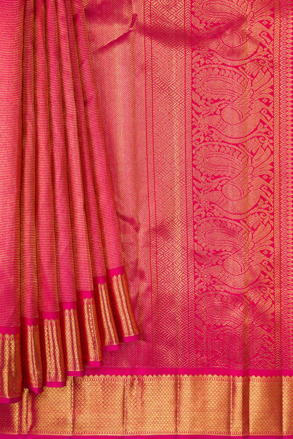 Pleats and pallu of Pure Silk Pure Zari Pink Dual Tone Kanjivaram Saree with Zari Brocade on the body and Zari Border. 