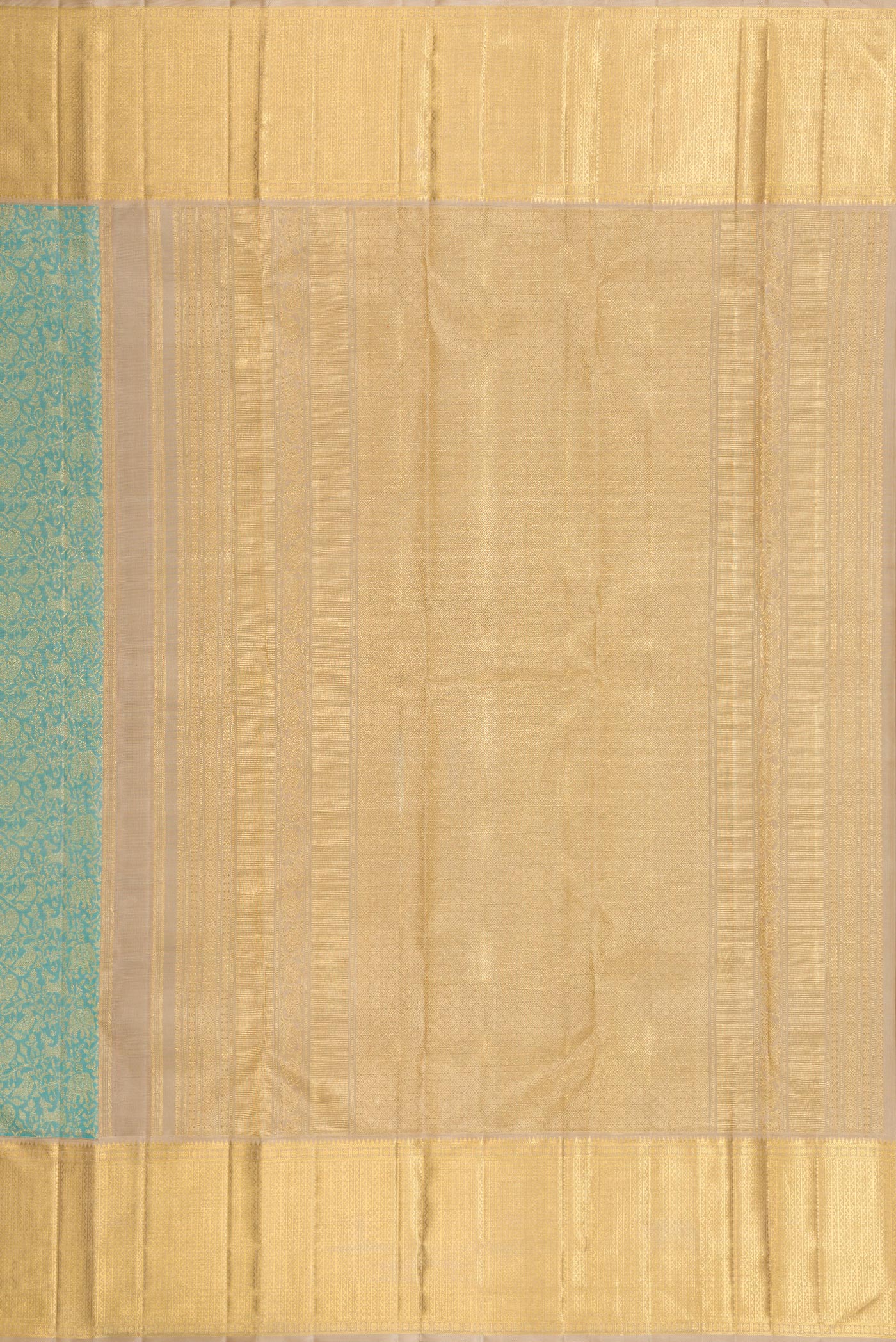 Close up image of the pallu of Pure Silk Pure Zari Light Blue Dual Tone Kanjivaram Saree with Zari Brocade on the body and Zari Border. 