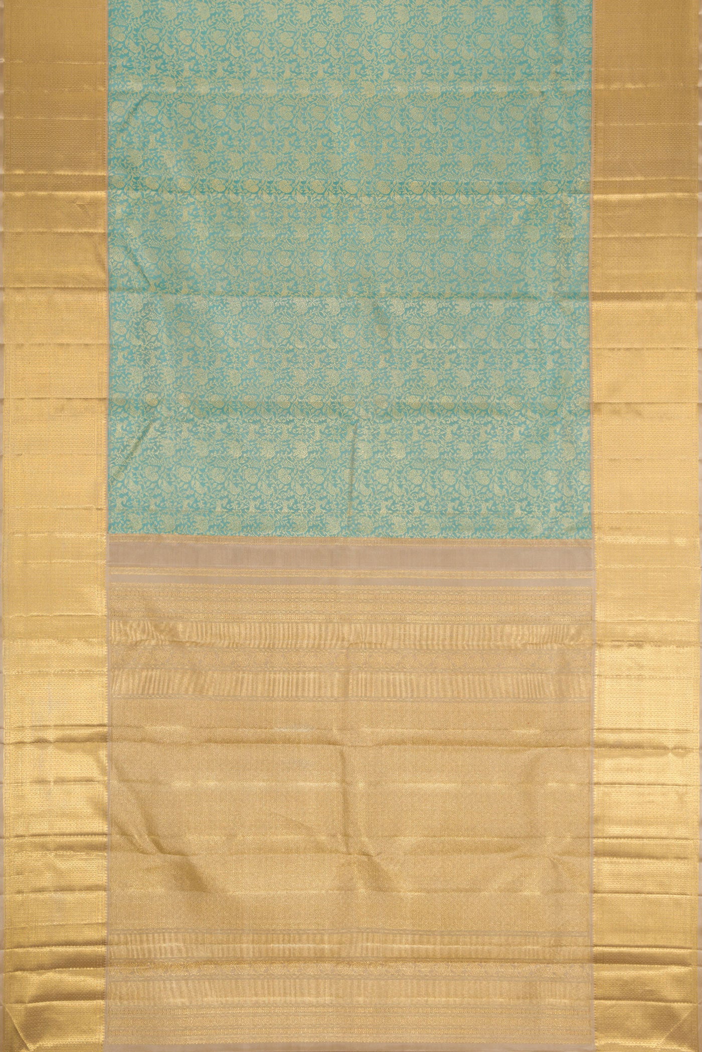 Flat view of Pure Silk Pure Zari Light Blue Dual Tone Kanjivaram Saree with Zari Brocade on the body and Zari Border. 