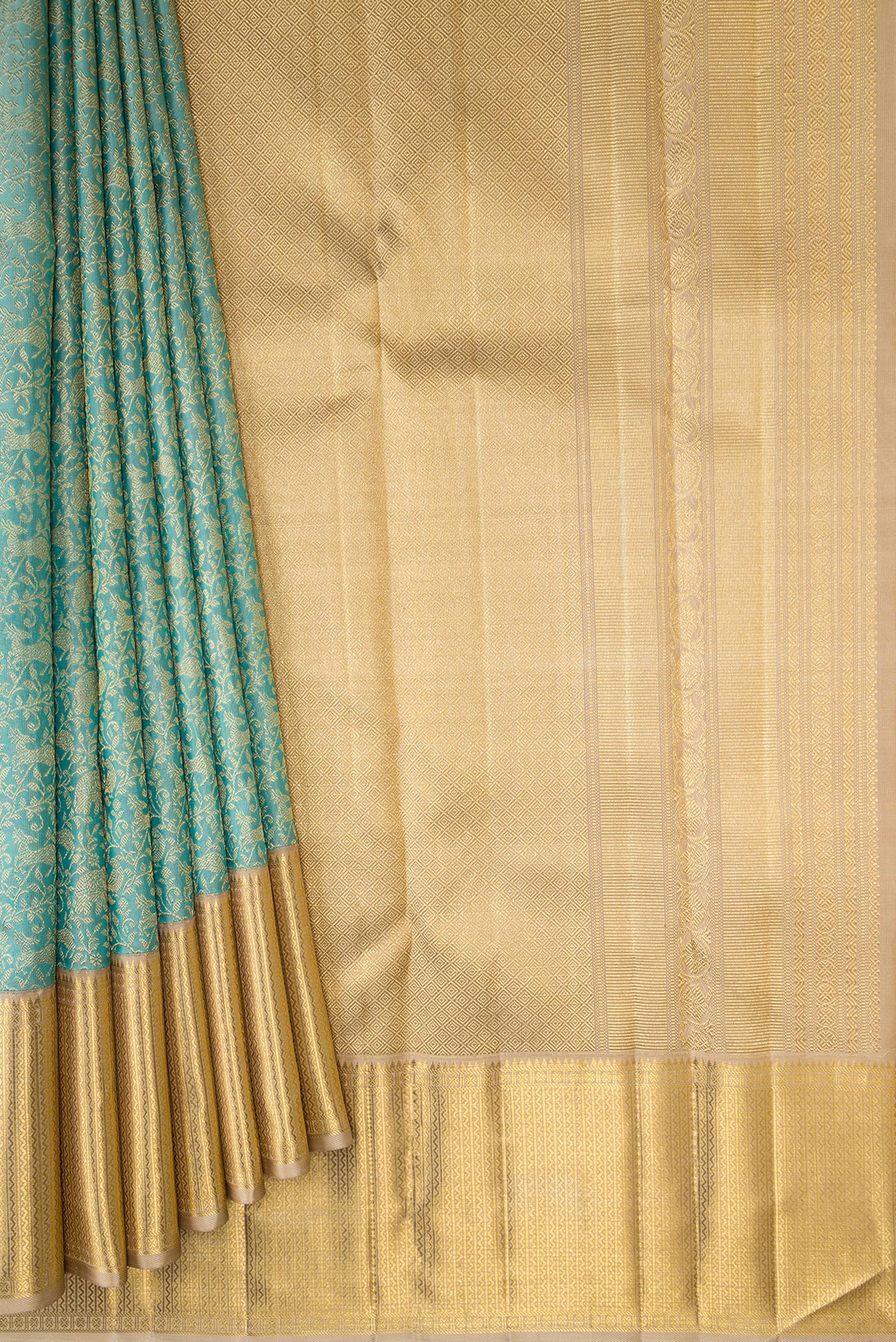 Pleats and pallu of Pure Silk Pure Zari Light Blue Dual Tone Kanjivaram Saree with Zari Brocade on the body and Zari Border. 