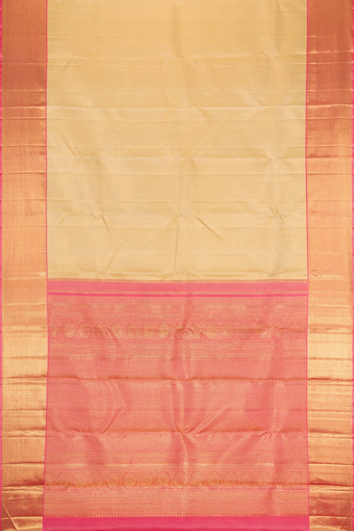 Flat view of Pure Silk Pure Zari Gold Dual Tone Kanjivaram Saree with Zari Brocade on the body and Zari Border. 