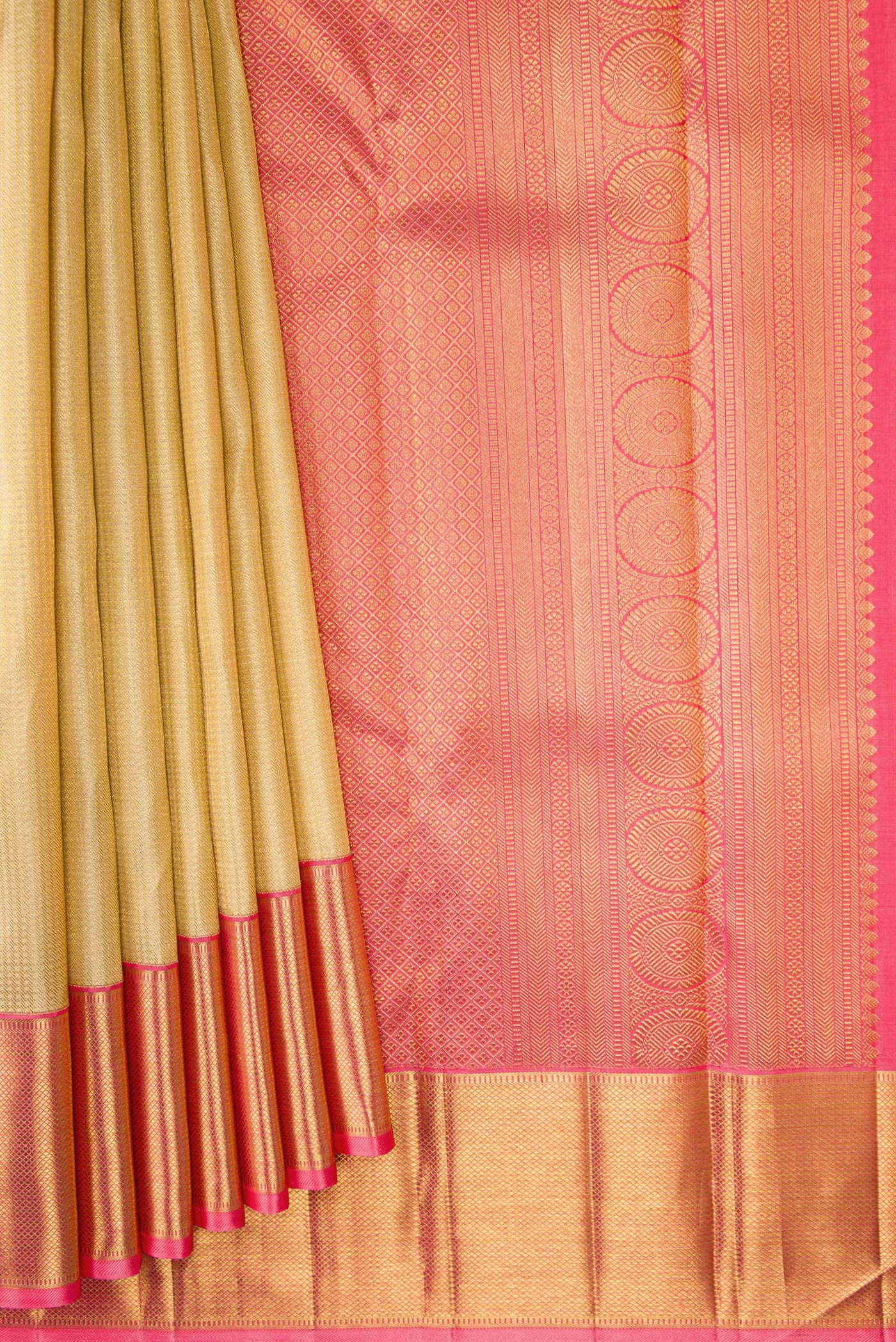 Pleats and pallu of Pure Silk Pure Zari Gold Dual Tone Kanjivaram Saree with Zari Brocade on the body and Zari Border. 