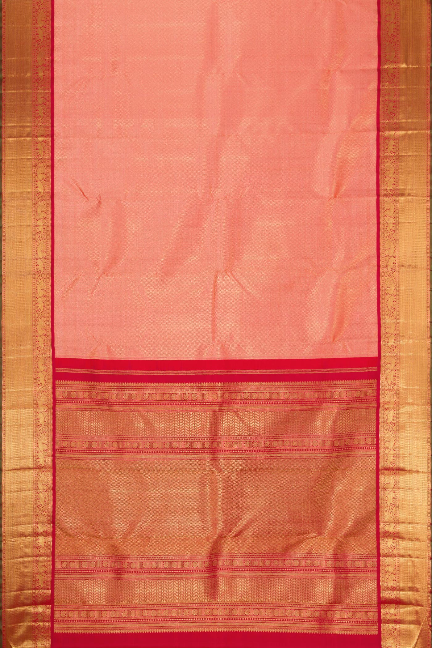 Flat view of Pure Silk Pure Zari Coral Dual Tone Kanjivaram Saree with Zari Brocade on the body and Zari Border. 