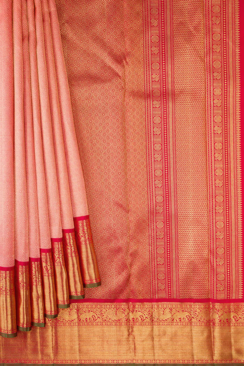 Pleats and pallu of Pure Silk Pure Zari Coral Dual Tone Kanjivaram Saree with Zari Brocade on the body and Zari Border. 