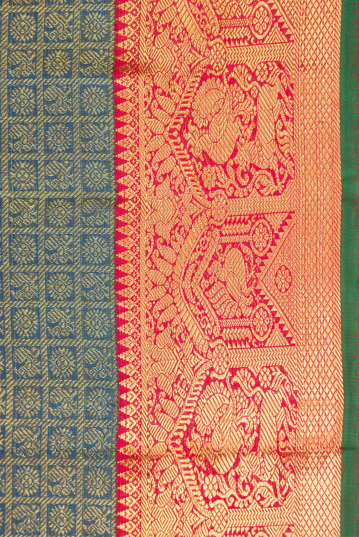 Border image of Pure Silk Pure Zari Peacock Blue Dual Tone Kanjivaram Saree with Zari Brocade on the body and Zari Border. 