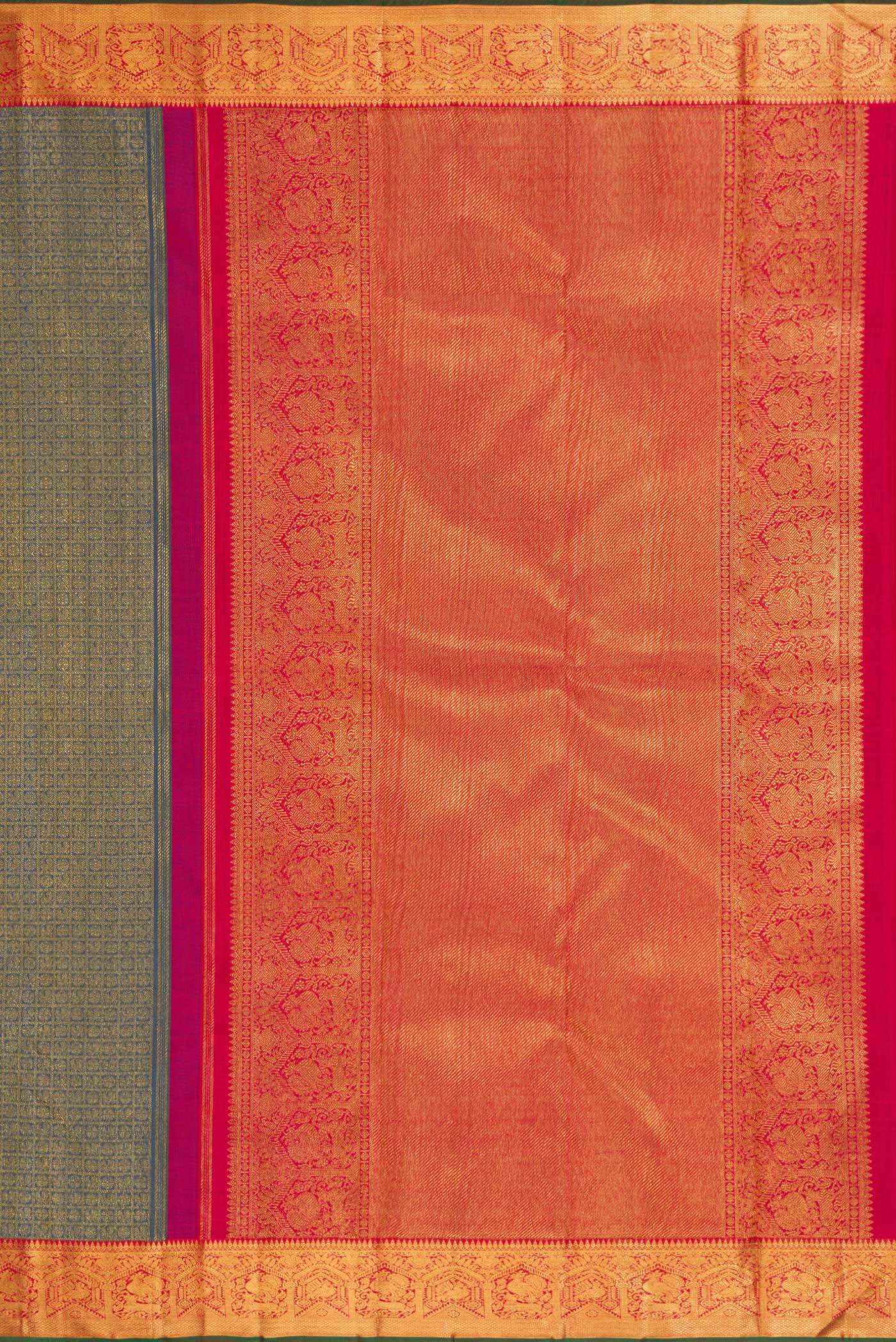 Close up image of the pallu of Pure Silk Pure Zari Peacock Blue Dual Tone Kanjivaram Saree with Zari Brocade on the body and Zari Border. 