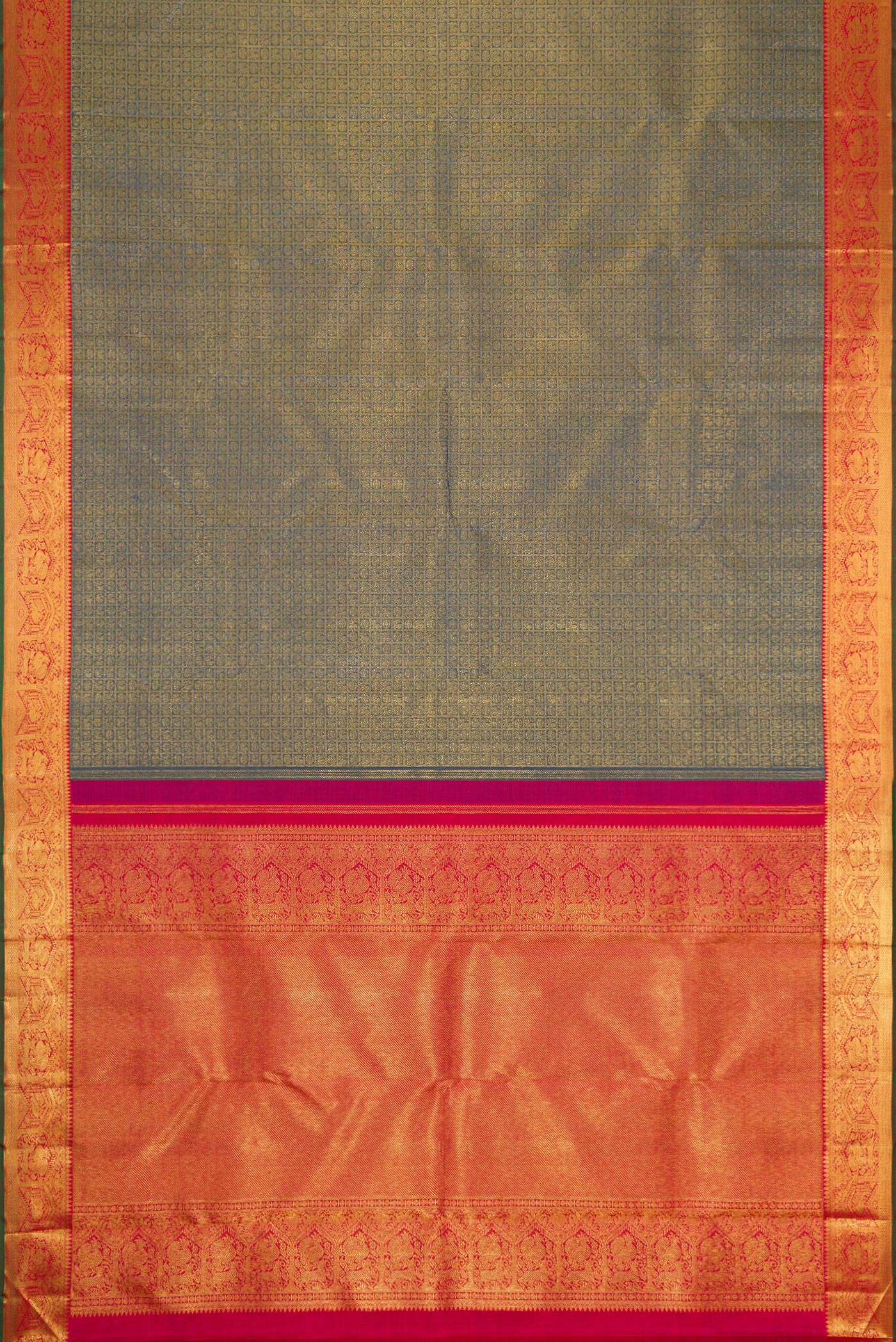 Flat view of Pure Silk Pure Zari Peacock Blue Dual Tone Kanjivaram Saree with Zari Brocade on the body and Zari Border. 