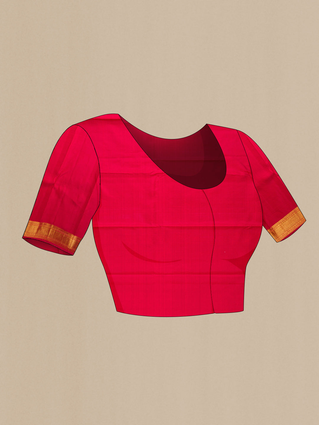 Close up image of the blouse of Pure Silk Pure Zari Red Dual Tone Kanjivaram Saree with Zari Brocade on the body and Zari Border. 