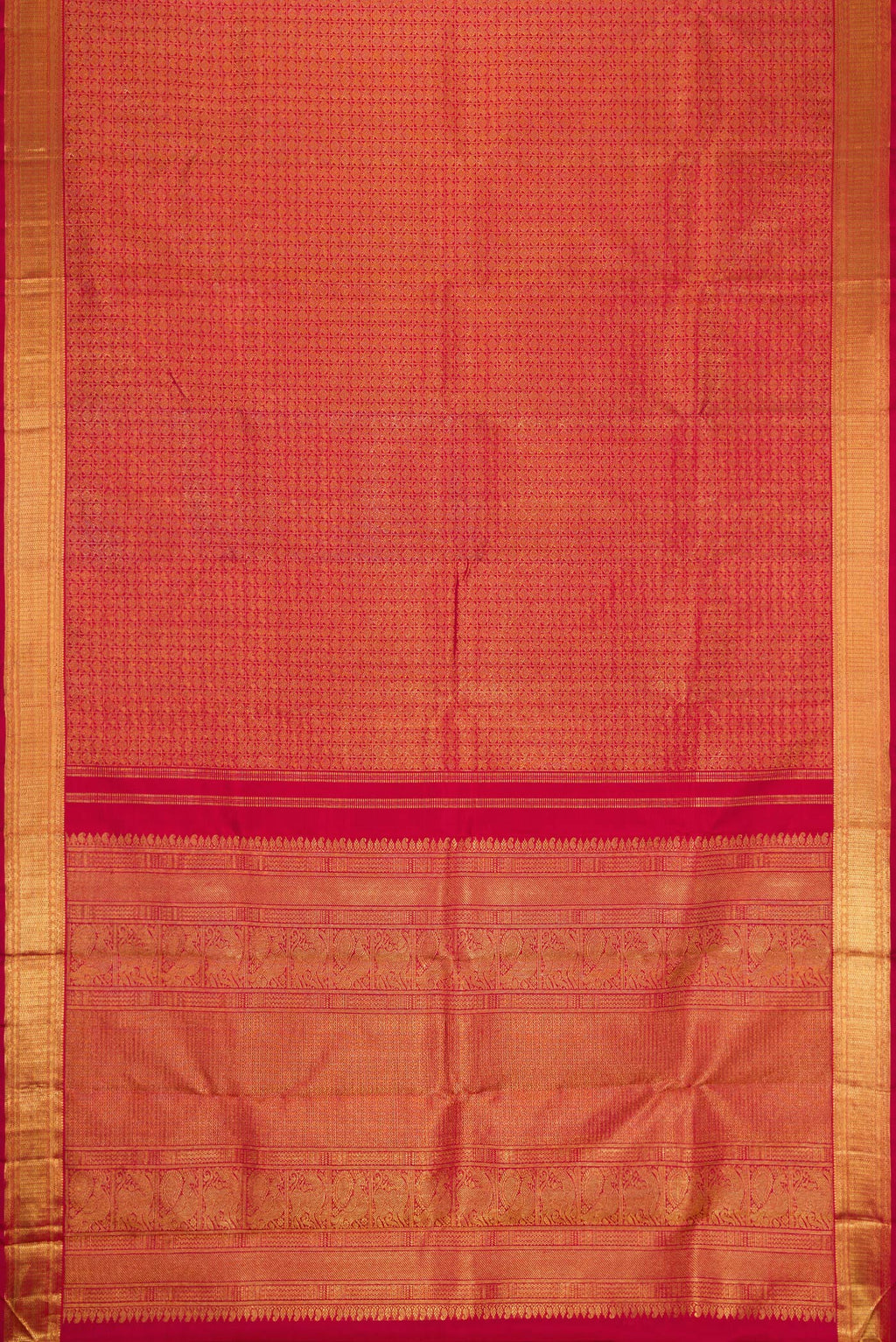 Flat view of Pure Silk Pure Zari Red Dual Tone Kanjivaram Saree with Zari Brocade on the body and Zari Border. 