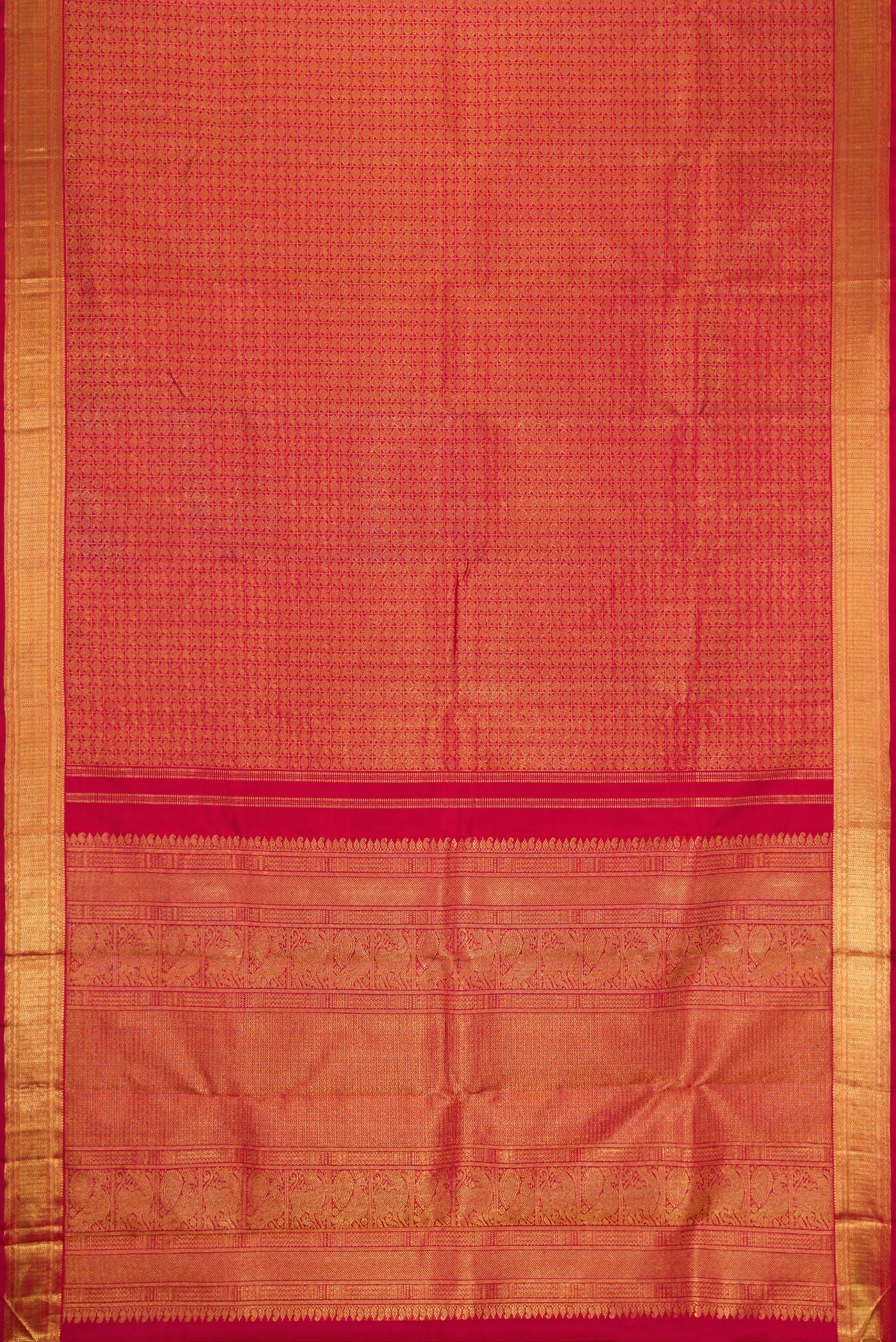 Flat view of Pure Silk Pure Zari Red Dual Tone Kanjivaram Saree with Zari Brocade on the body and Zari Border. 