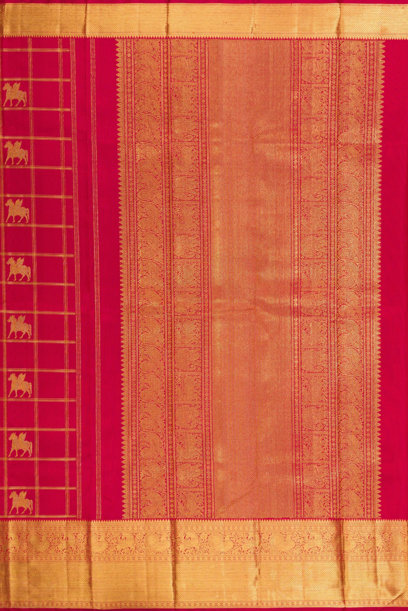 Close up image of the pallu of Pure Silk Pure Zari Maroon Kanjivaram Saree with Checked design on the body and Fancy Border. 