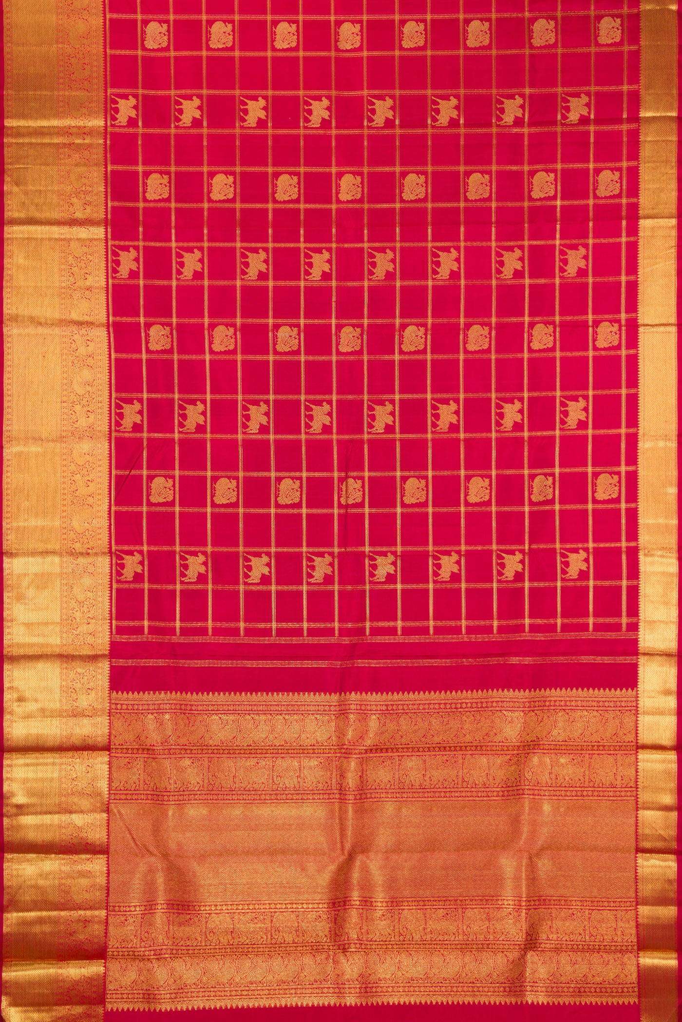 Flat view of Pure Silk Pure Zari Maroon Kanjivaram Saree with Checked design on the body and Fancy Border. 