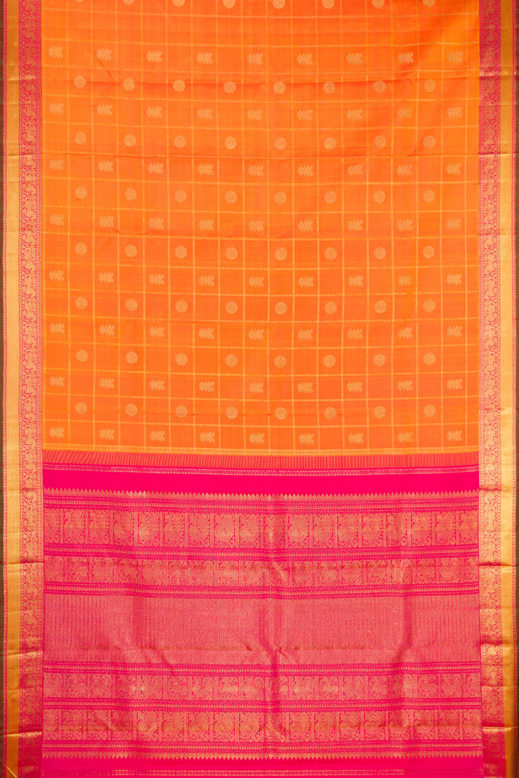 Flat view of Pure Silk Pure Zari Orange Dual Tone Kanjivaram Saree with Checked design on the body and Zari Border. 