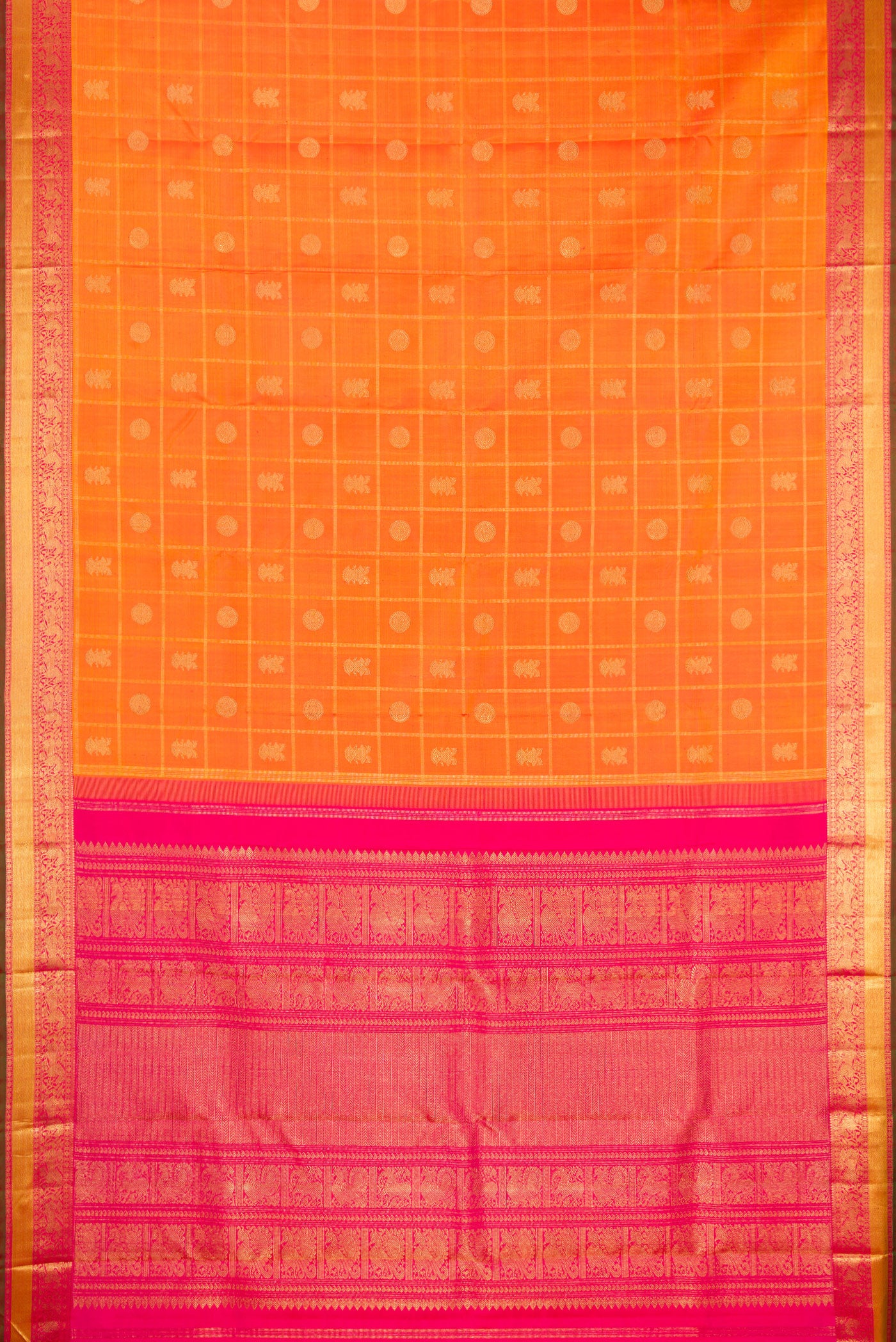 Flat view of Pure Silk Pure Zari Orange Dual Tone Kanjivaram Saree with Checked design on the body and Zari Border. 