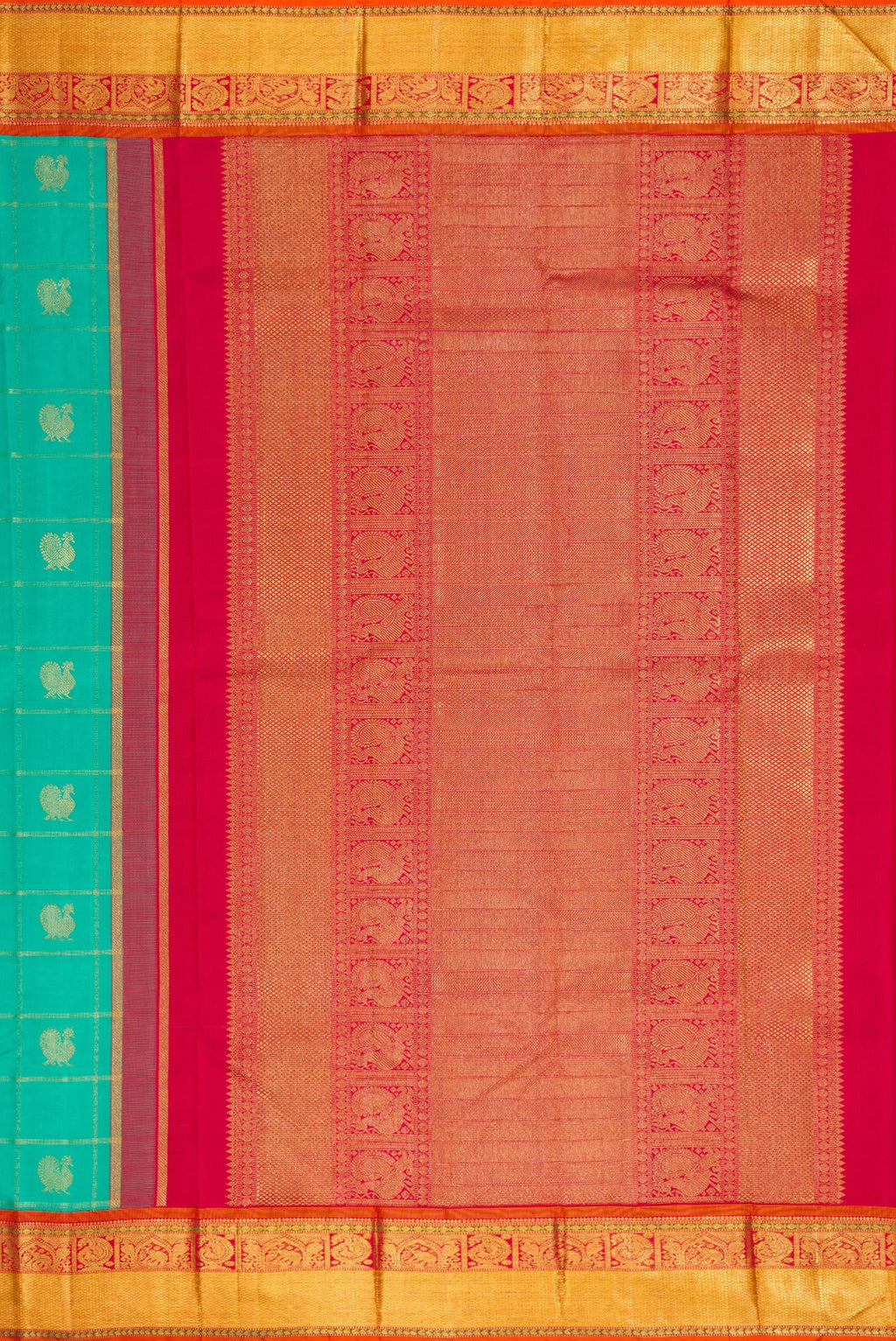 Close up image of the pallu of Pure Silk Pure Zari Sea Green Dual Tone Kanjivaram Saree with Checked design on the body and Zari Border. 