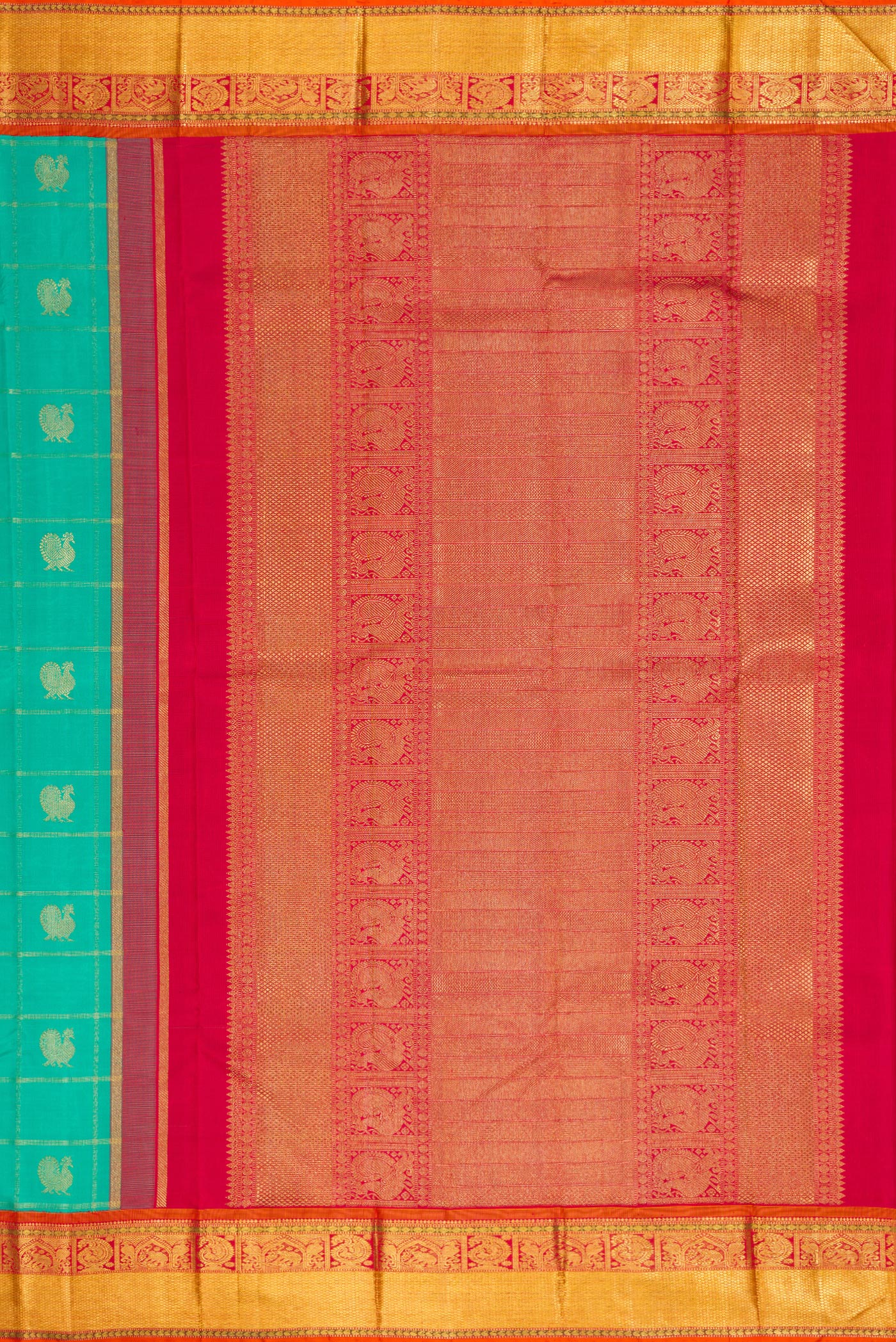 Close up image of the pallu of Pure Silk Pure Zari Sea Green Dual Tone Kanjivaram Saree with Checked design on the body and Zari Border. 