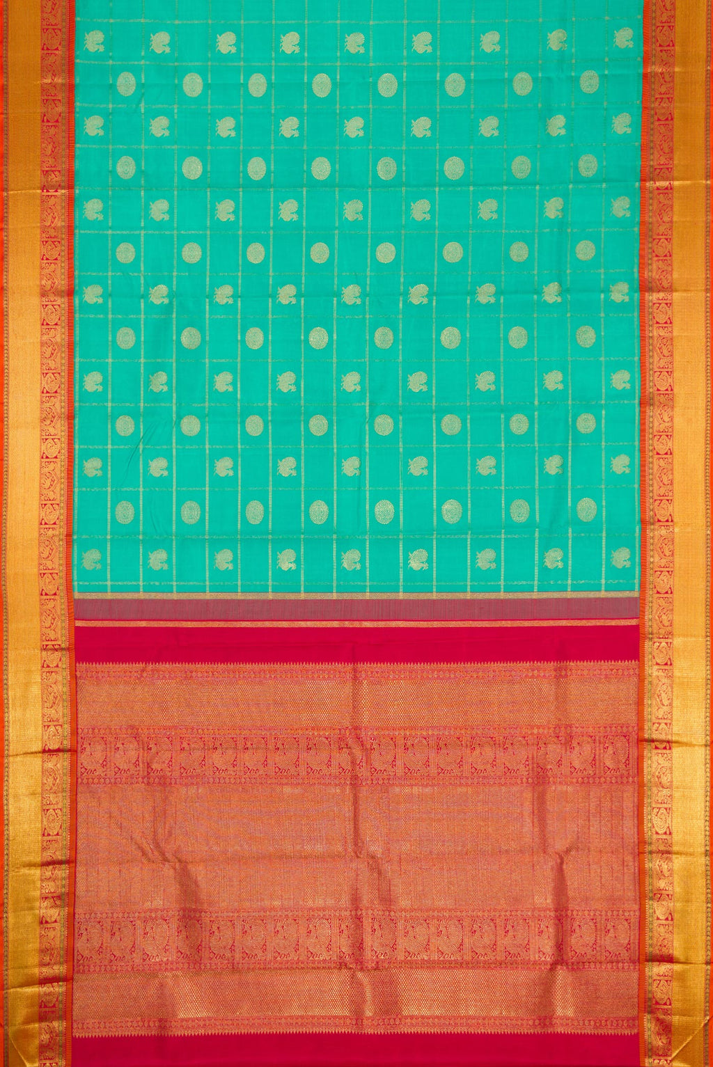 Flat view of Pure Silk Pure Zari Sea Green Dual Tone Kanjivaram Saree with Checked design on the body and Zari Border. 