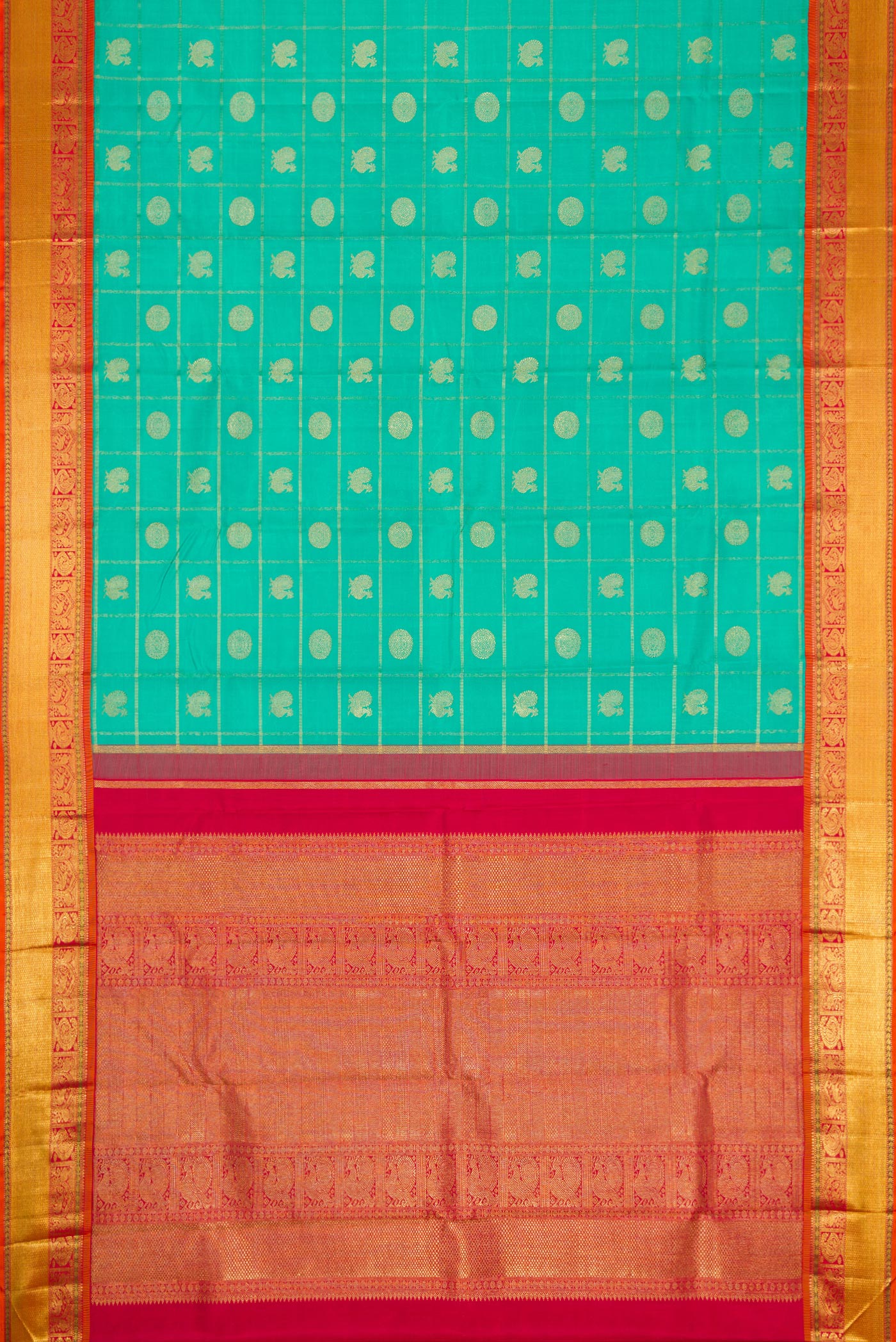 Flat view of Pure Silk Pure Zari Sea Green Dual Tone Kanjivaram Saree with Checked design on the body and Zari Border. 