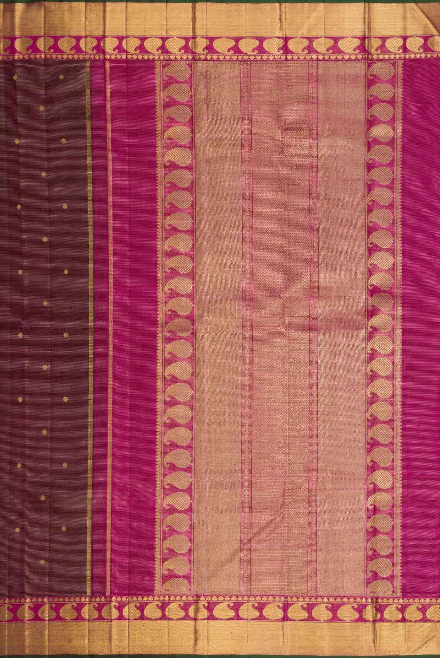 Close up image of the pallu of Pure Silk Pure Zari Coffee Brown Kanchipuram Saree with Stripes on the body and Zari Border
