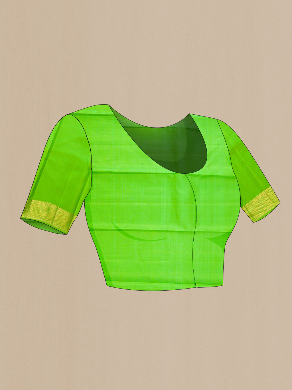 Close up image of the blouse of Pure Silk Pure Zari Parrot Green Dual Tone Kanchipuram Saree with Checked design on the body and Zari Border