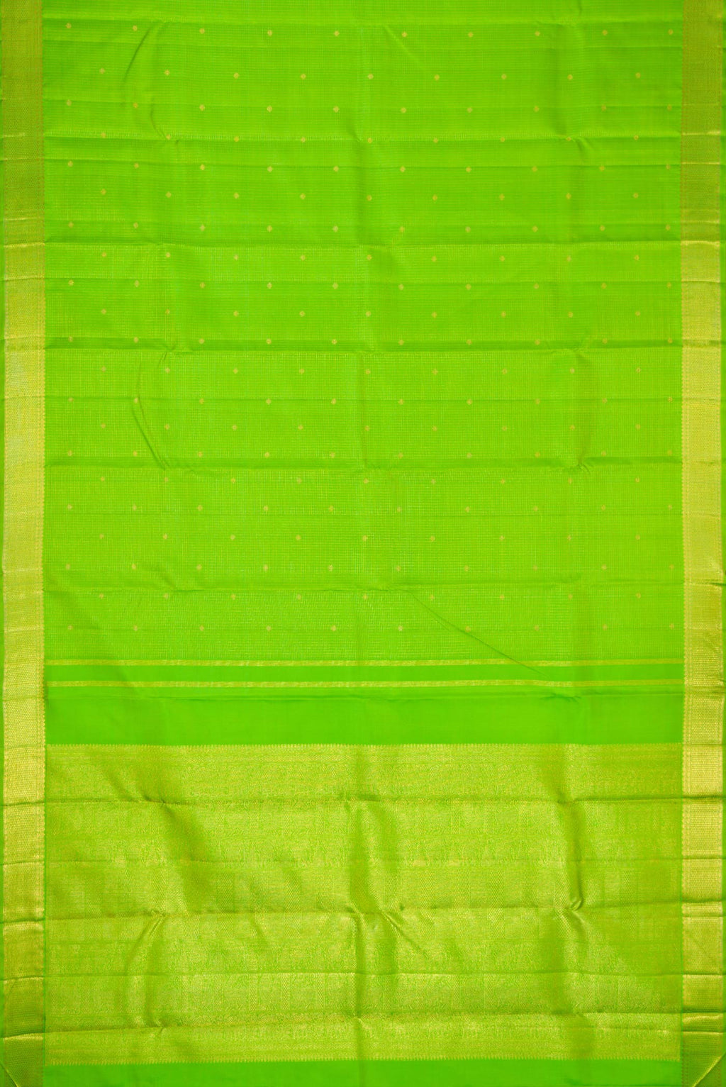 Flat view of Pure Silk Pure Zari Parrot Green Dual Tone Kanchipuram Saree with Checked design on the body and Zari Border