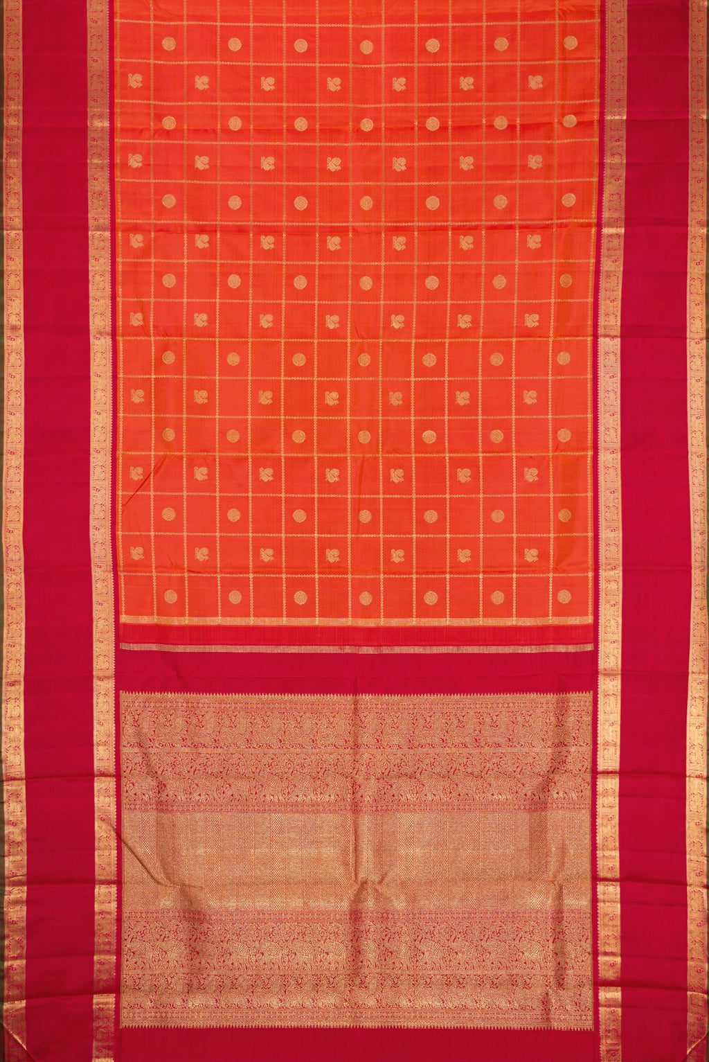 Flat view of Pure Silk Pure Zari Orange Dual Tone Kanjivaram Saree with Checked design on the body and Zari Border. 