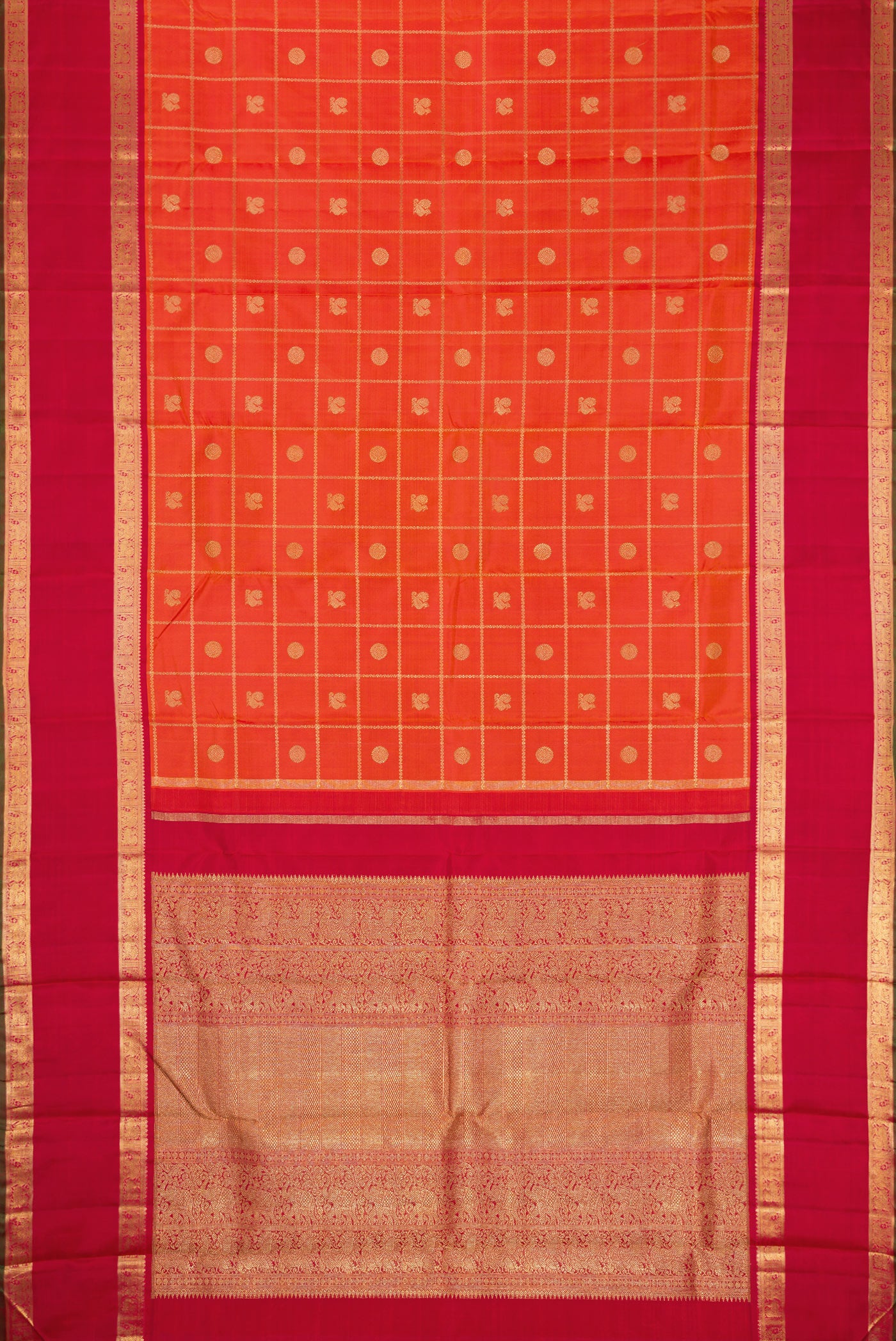 Flat view of Pure Silk Pure Zari Orange Dual Tone Kanjivaram Saree with Checked design on the body and Zari Border. 