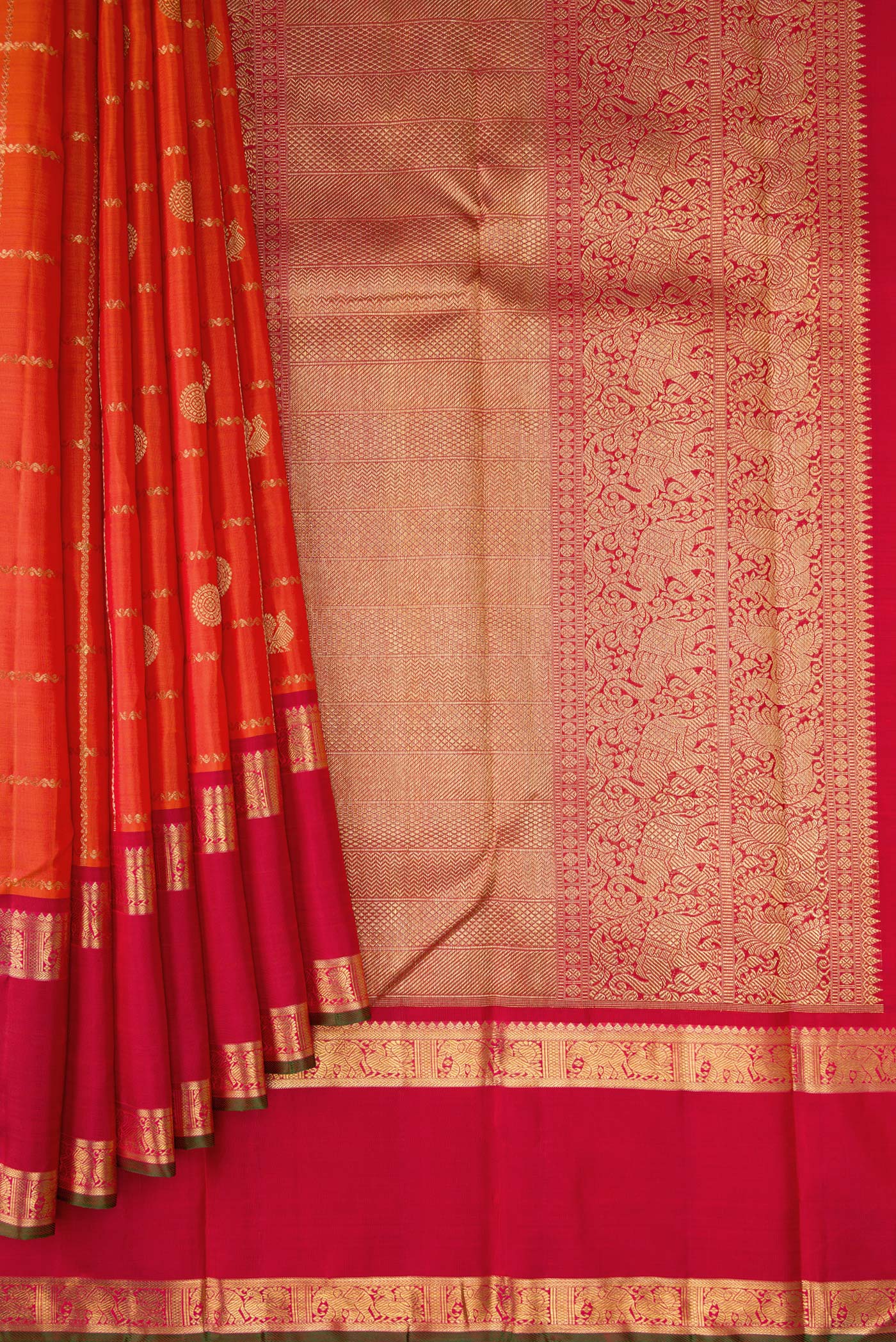 Pleats and pallu of Pure Silk Pure Zari Orange Dual Tone Kanjivaram Saree with Checked design on the body and Zari Border. 