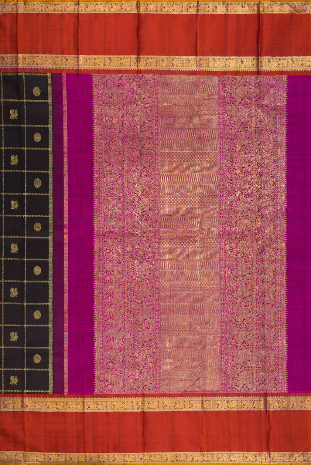 Close up image of the pallu of Pure Silk Pure Zari Black Kanjivaram Saree with Checked design on the body and Zari Border. 