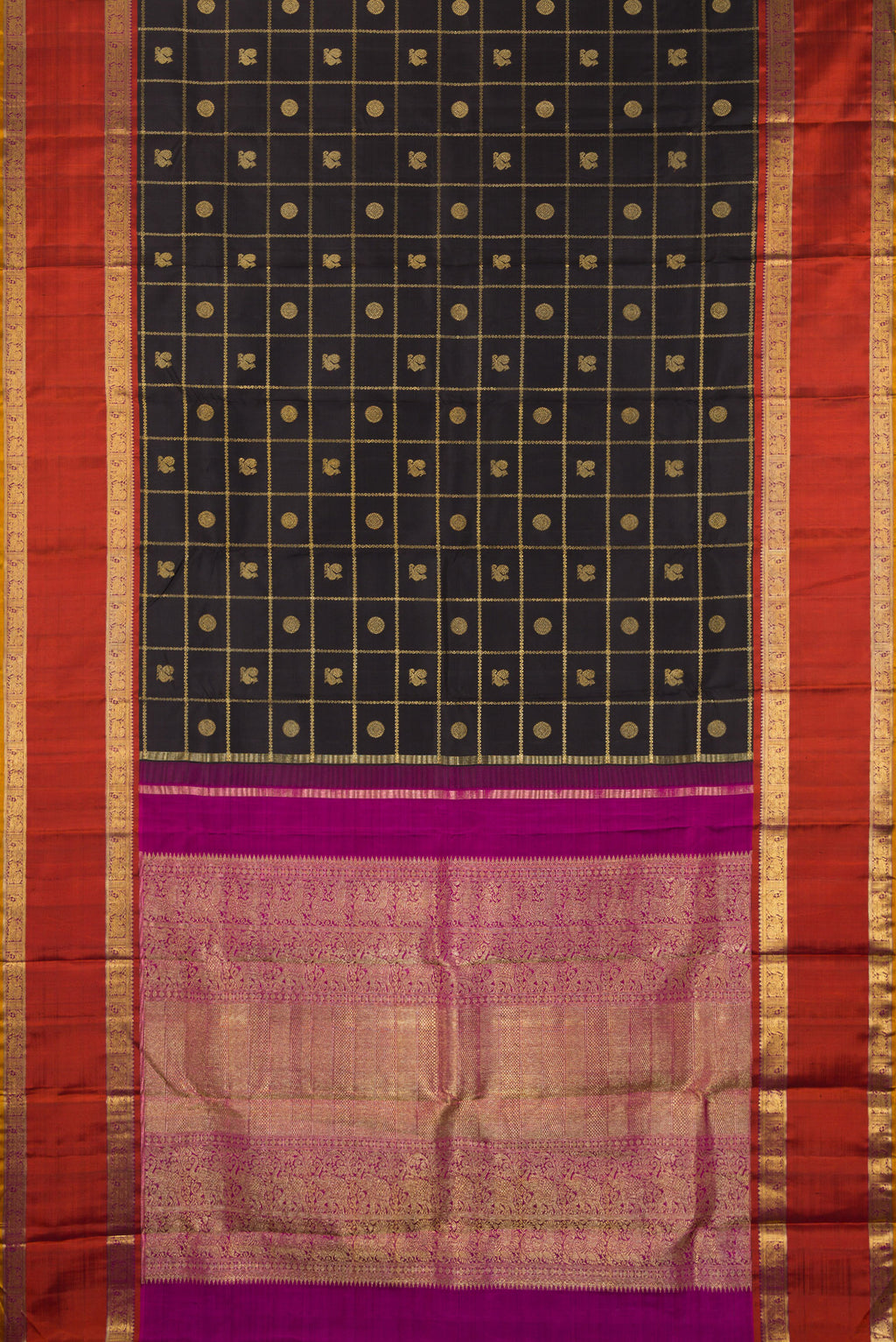 Flat view of Pure Silk Pure Zari Black Kanjivaram Saree with Checked design on the body and Zari Border. 