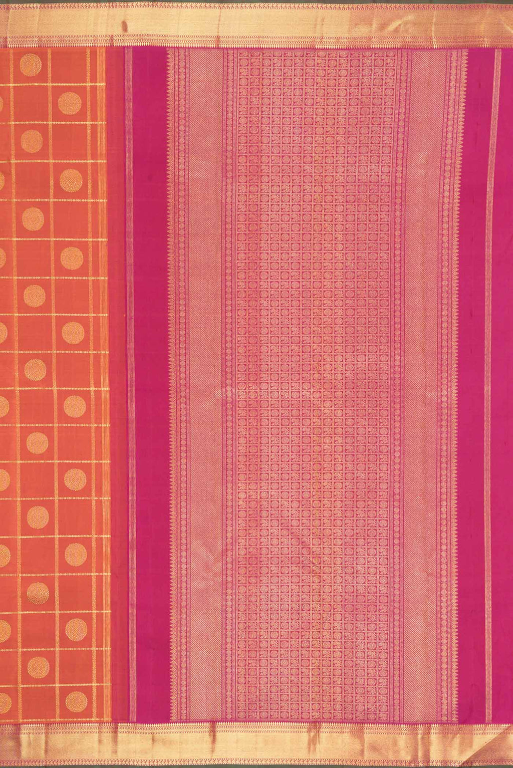 Close up image of the pallu of Pure Silk Pure Zari Orange Dual Tone Kanchipuram Saree with Checked design on the body and Zari Border