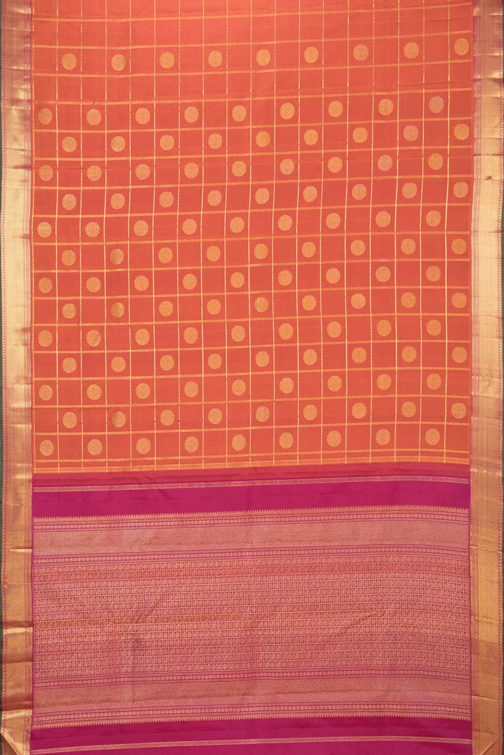 Flat view of Pure Silk Pure Zari Orange Dual Tone Kanchipuram Saree with Checked design on the body and Zari Border