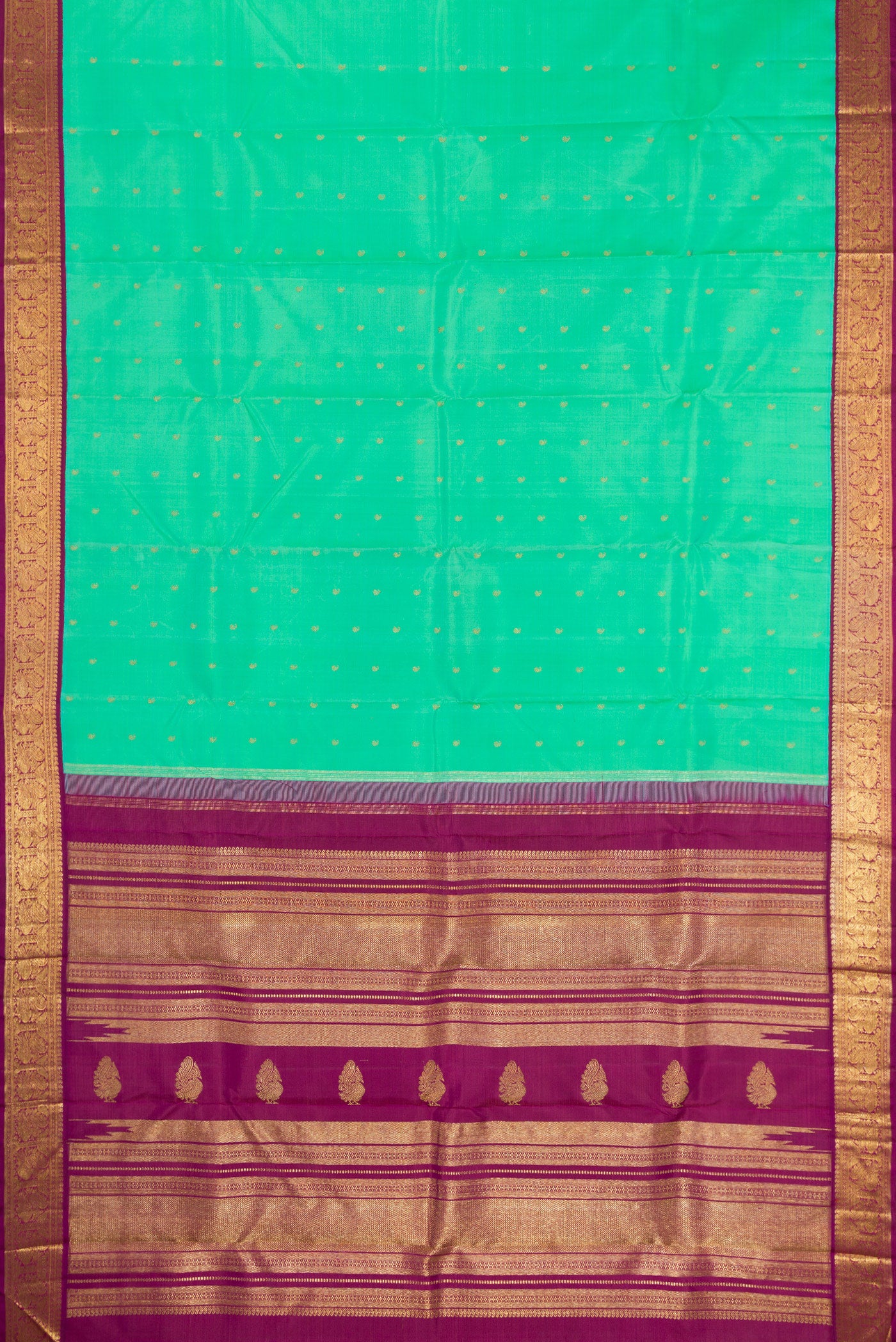 Flat view of Pure Silk Pure Zari Sea Green Kanjivaram Saree with Zari Butta on the body and Zari Border. 