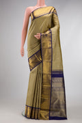 Pure Silk Pure Zari Dark Beige Kanjivaram Saree with Zari Butta on the body and Zari Border.  displayed on a mannequin