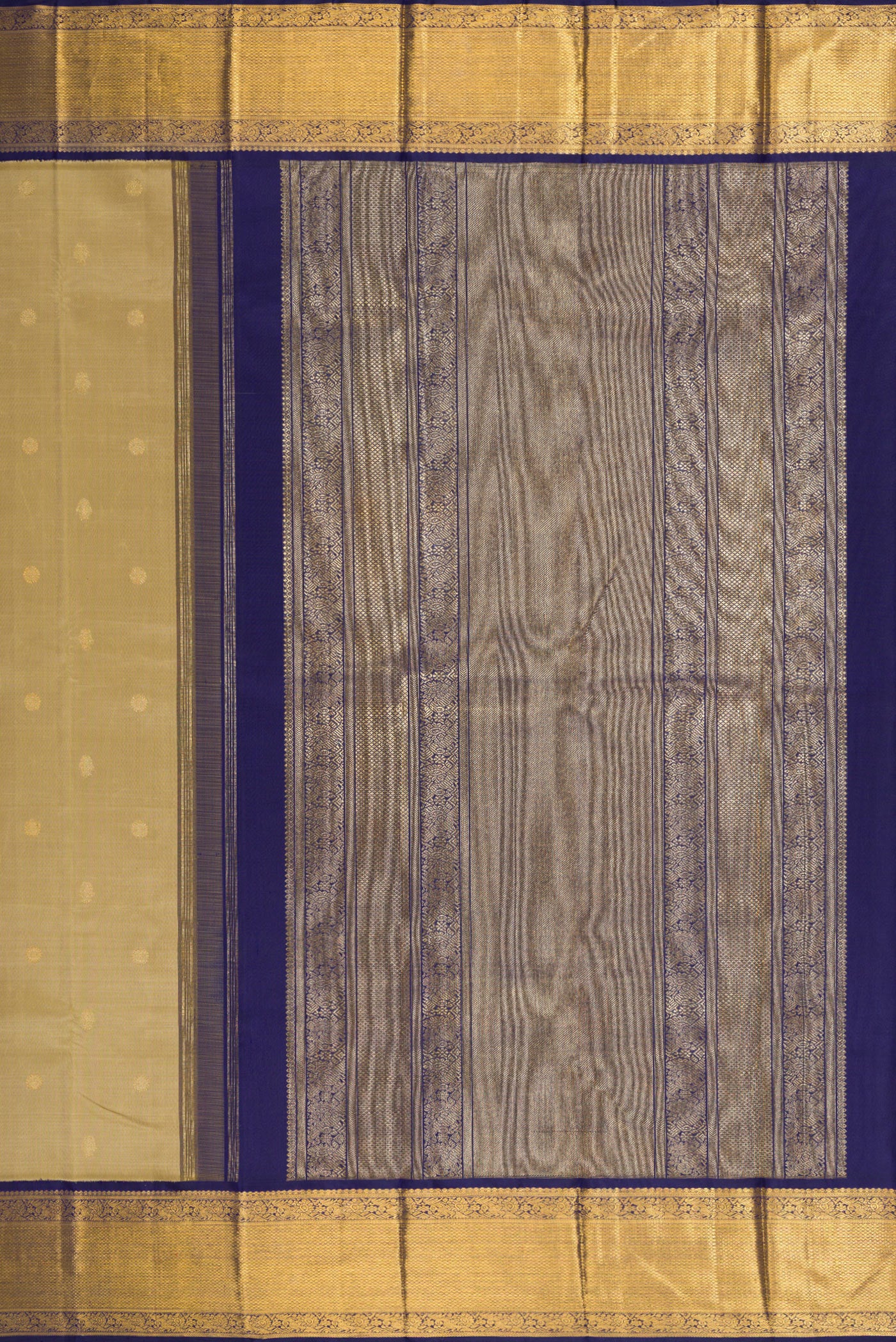 Close up image of the pallu of Pure Silk Pure Zari Dark Beige Kanjivaram Saree with Zari Butta on the body and Zari Border. 